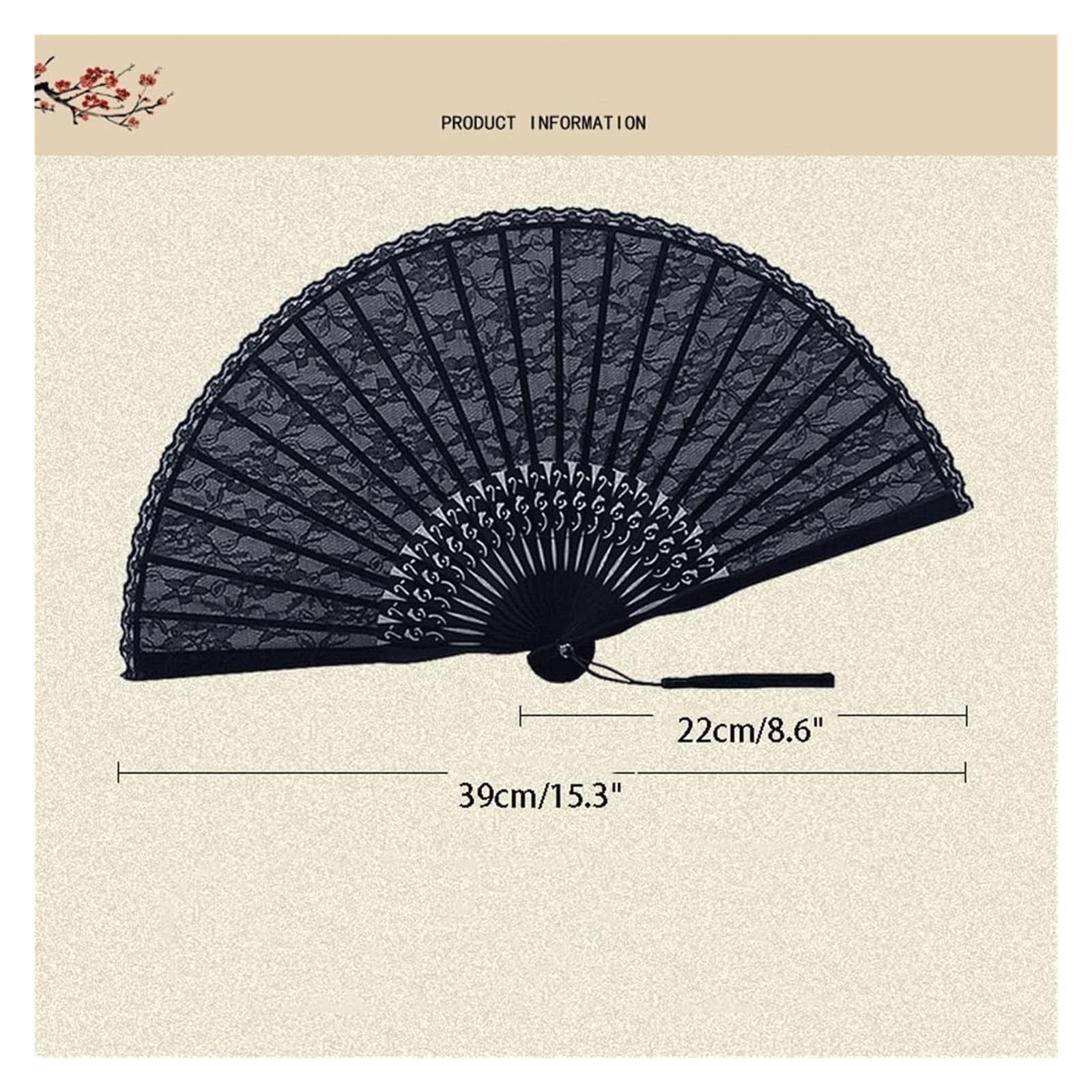 Koronkowy składany wentylator ręczny | Czerwony 22 cm/8,6 cala Zamknięty 39 cm/15,3 cala Otwarty Do dekoracji ślubnych: Prezent na imprezę taneczną