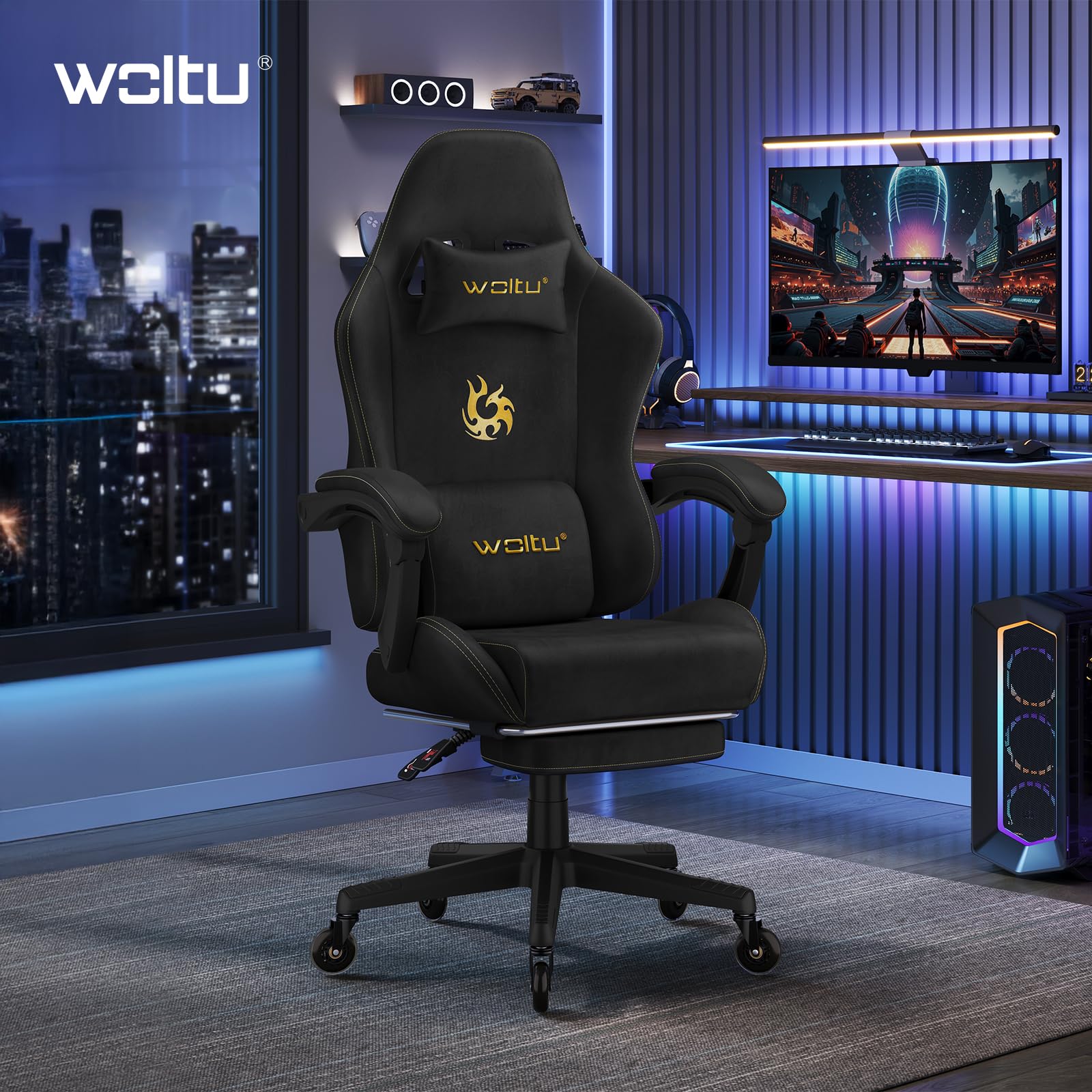 WOLTU Chaise Gaming, Fauteuil de Bureau, Ergonomique, avec Dossier Inclinable, Repose-Pieds Rétractable, Accoudoirs Reliés, Appui-tête et Soutien Lombaire, en Faux Daim,Noir