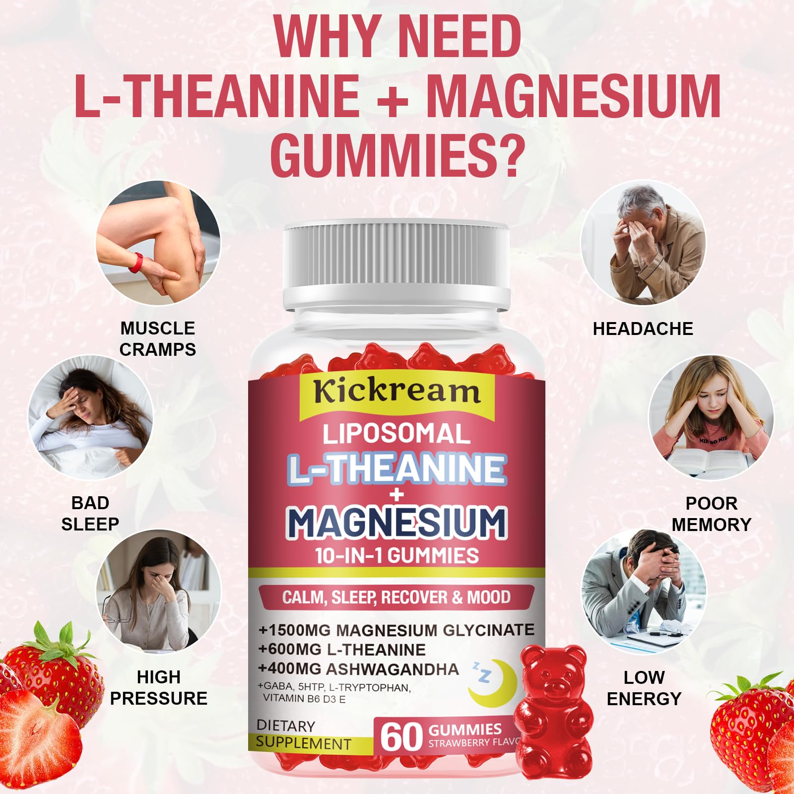 Liposomal Magnesium Glycinate 1500mg L-Theanine 600mg Gummies with Ashwagandha, GABA, 5HTP, Vitamin B6 & D3, Lemon Balm Leaf, L theanine Supplement Magnesium Gummies for Relax Mood & Muscle, 2 Pack — Amazon image 5