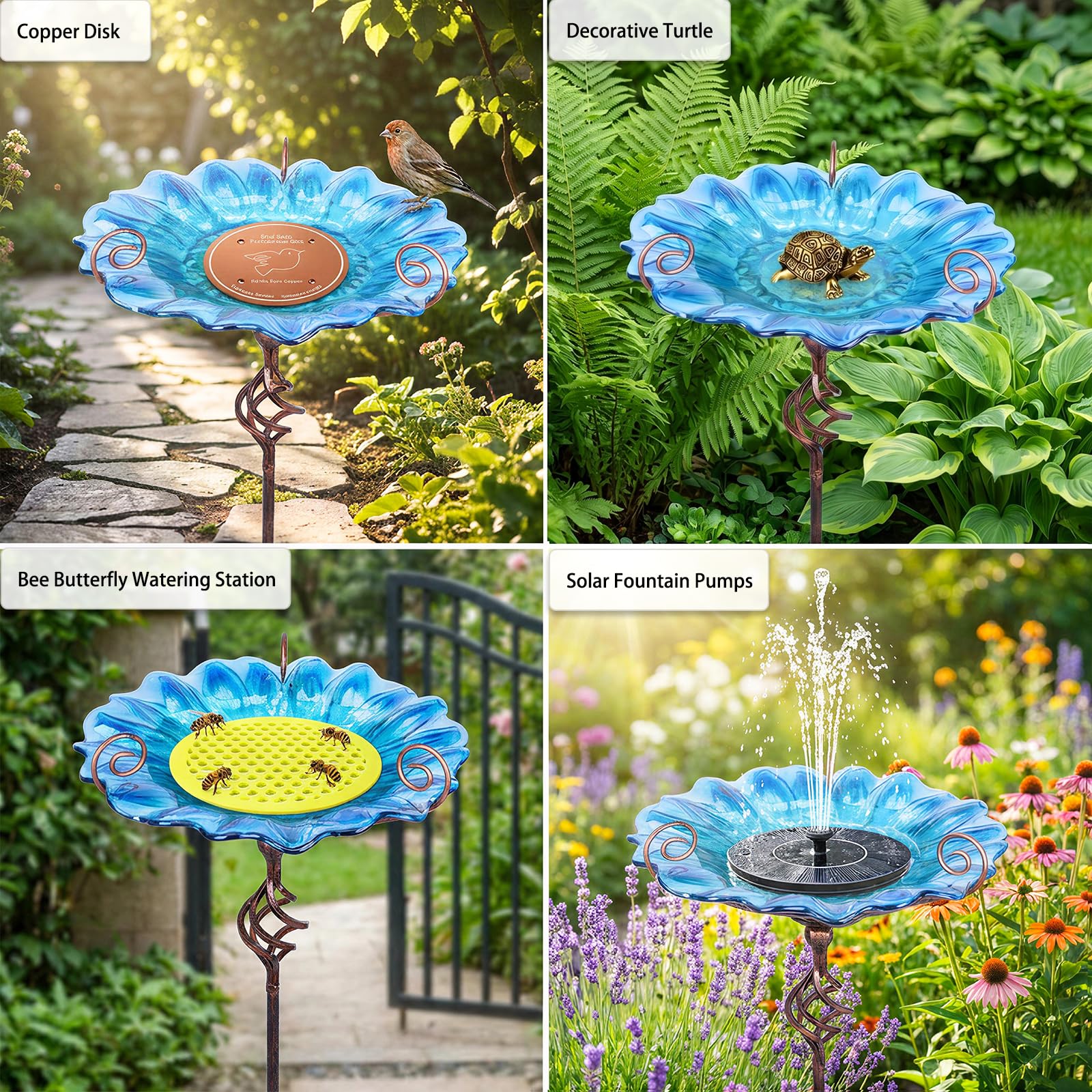 MUMTOP Bain d'oiseaux pour extérieur, Bain d'oiseaux en Verre avec Piquet pour décoration de Jardin et Cour (Bleu)