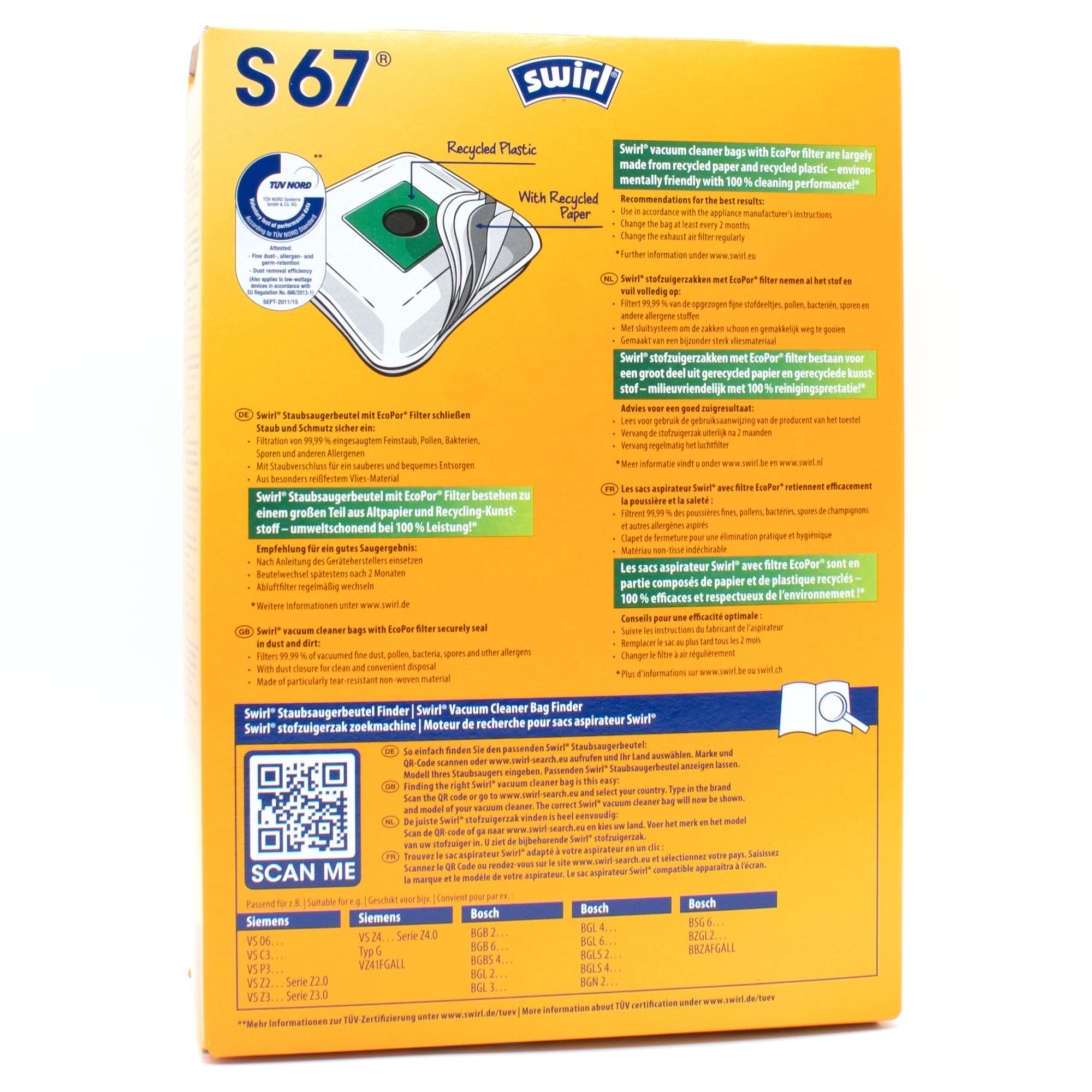 PakTrade 8 Sacchetti per aspirapolvere + Perline deodoranti Compatibile con Bosch BGL 4... Serie, BGL 4A500 | Compatibile con Swirl S67 - S 67 | 8 Borse, Deodorante per Ambienti, Accessori