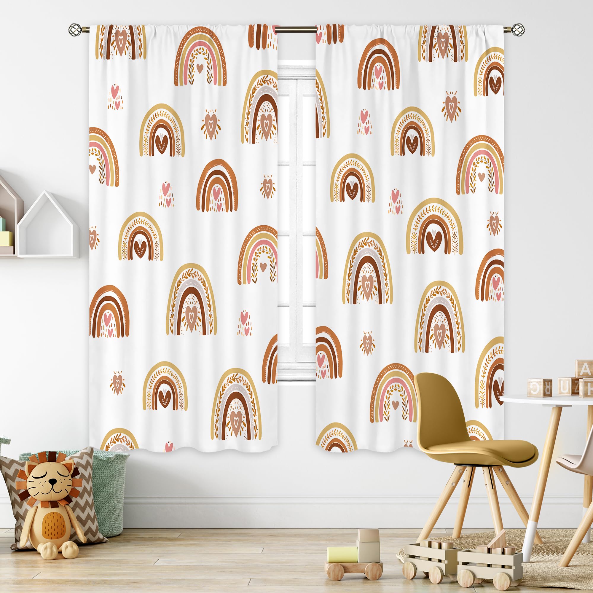 Cinbloo Kids Rainbow Curtains 42W x 63H Inch Rod Pocket Boho Cute Cartoon Colorful Stars for Girls Bedroom Decor Bohemia Love Heart Lovely Abstract Art Printed Living Room Window Drapes Fabric 2 Panel