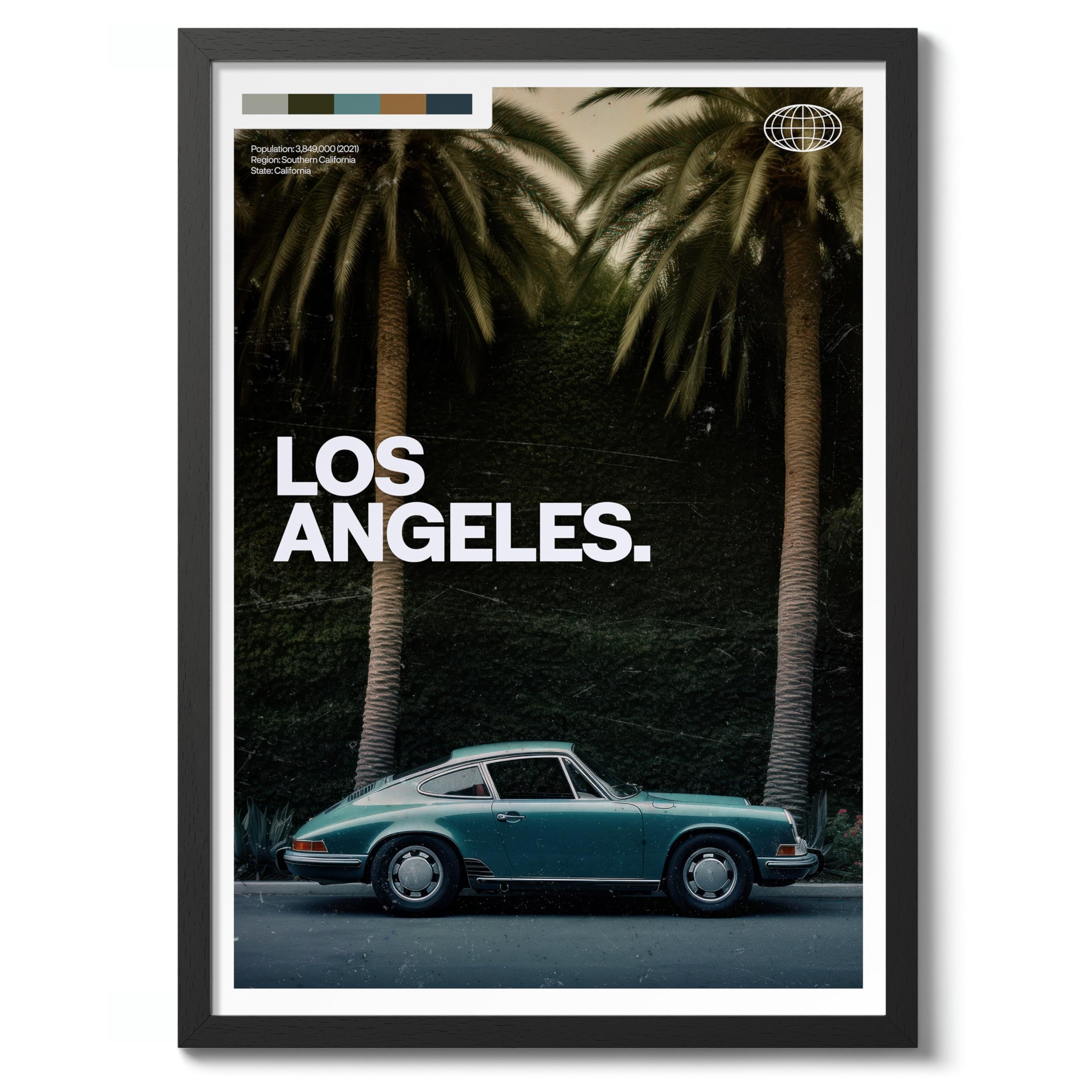 Los Angeles Retro Car Photography Poster, Racing Sports Cars Prints For Men, Motor Sports Home Decor Wall Art, Archival Matte, A5 (Black Frame) - 21x14.8cm
