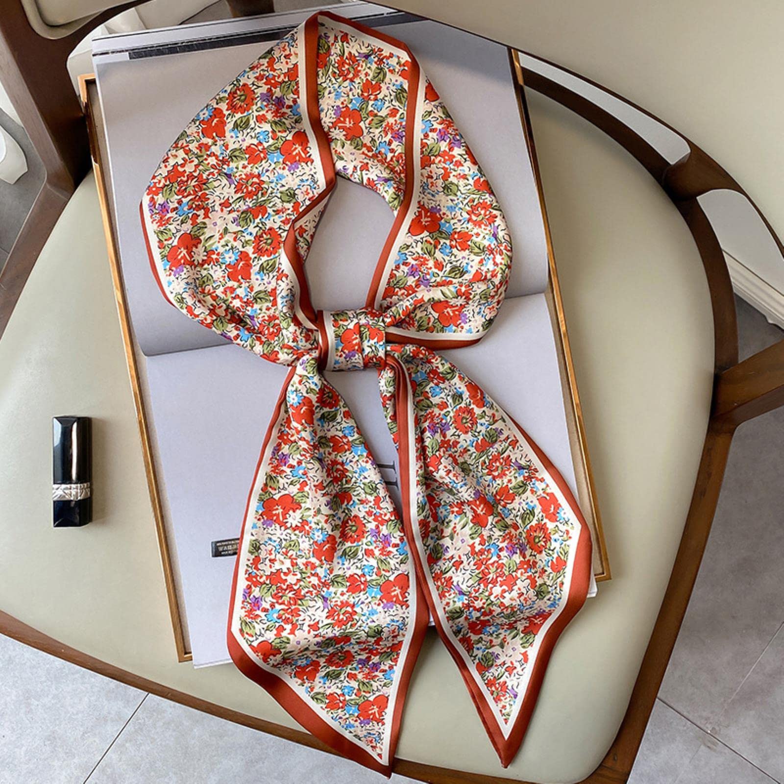ACiyD Bufanda Moda Estampado Floral Bufanda de Seda Mujeres Cuello Delgado Bufandas largas Estrecho Oficina Señora Chal Bandanas Mujer Flaco Diademas (57 15x150cm)