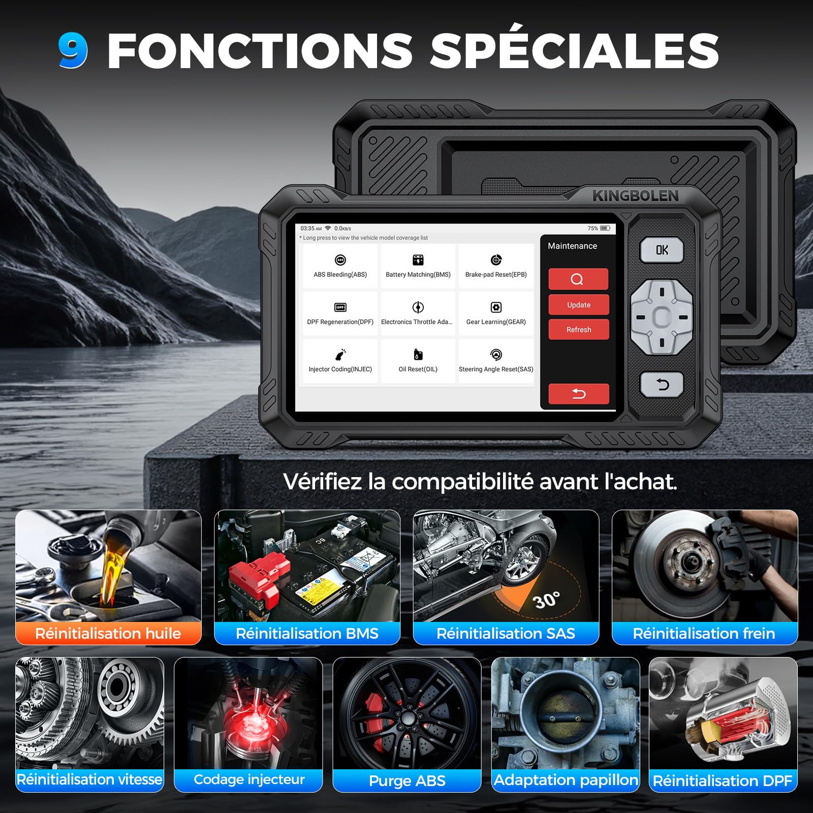 KINGBOLEN S608 Valise Diagnostic Auto, OBD2 Diagnostic Français pour 4 Systèmes ABS SRS Transmission Moteur, Tests Actifs Bidirectionnels, 9 Réinitialisations, CANFD＆FCA, Mise à Jour Gratuite