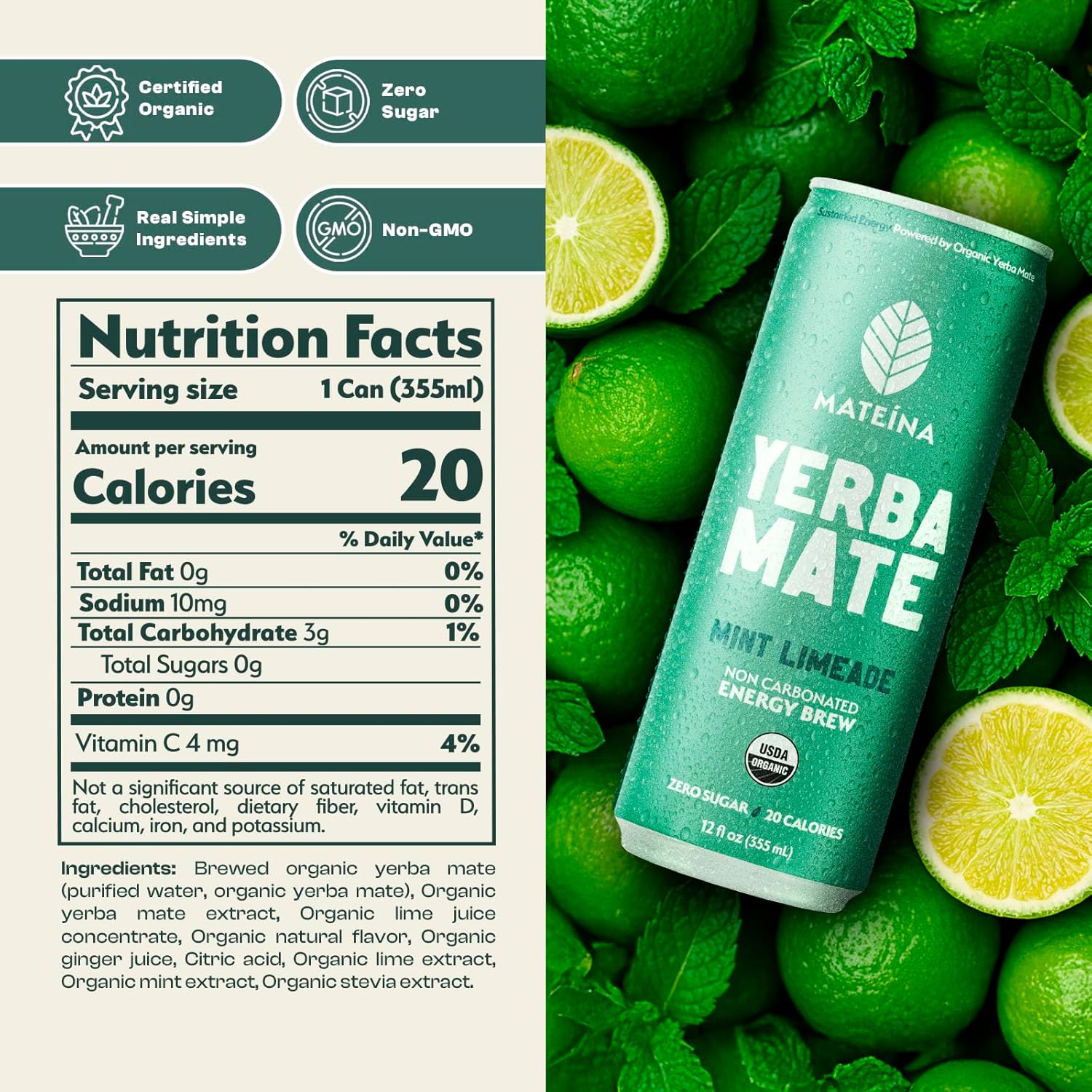 Mateina Yerba Mate Zero Sugar Energy Drink – 120mg Natural Caffeine – Organic, Non-GMO, Non-Carbonated – Dr. Andrew Huberman Recommended – (12 fl oz Cans, 12 Pack) Mint Limeade
