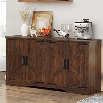 DWVO 62'' Sideboard Buffet Cabinet, Farmhouse Coffee Bar Cabinet with Large Storage, Kitchen Sideboard with Adjustable Shelves for Living Room, Entryway, Kitchen, Dark Walnut