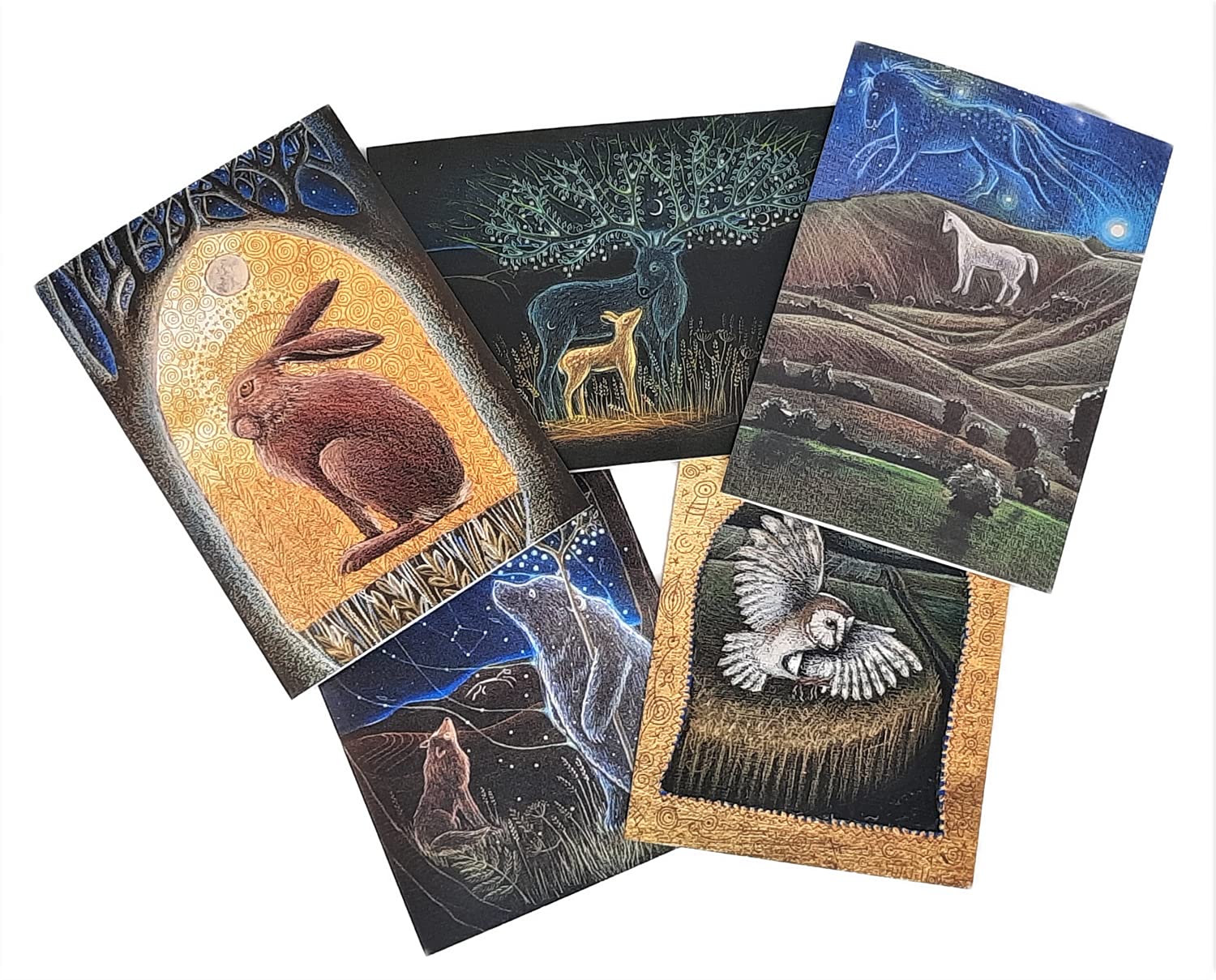 Hannah Willow The Ancestors UK made Pack of 5 Art Greetings Cards - Owl, Doe and Fawn, Hare, Horse and Bear and Wolf - Animals - Birthday Cards
