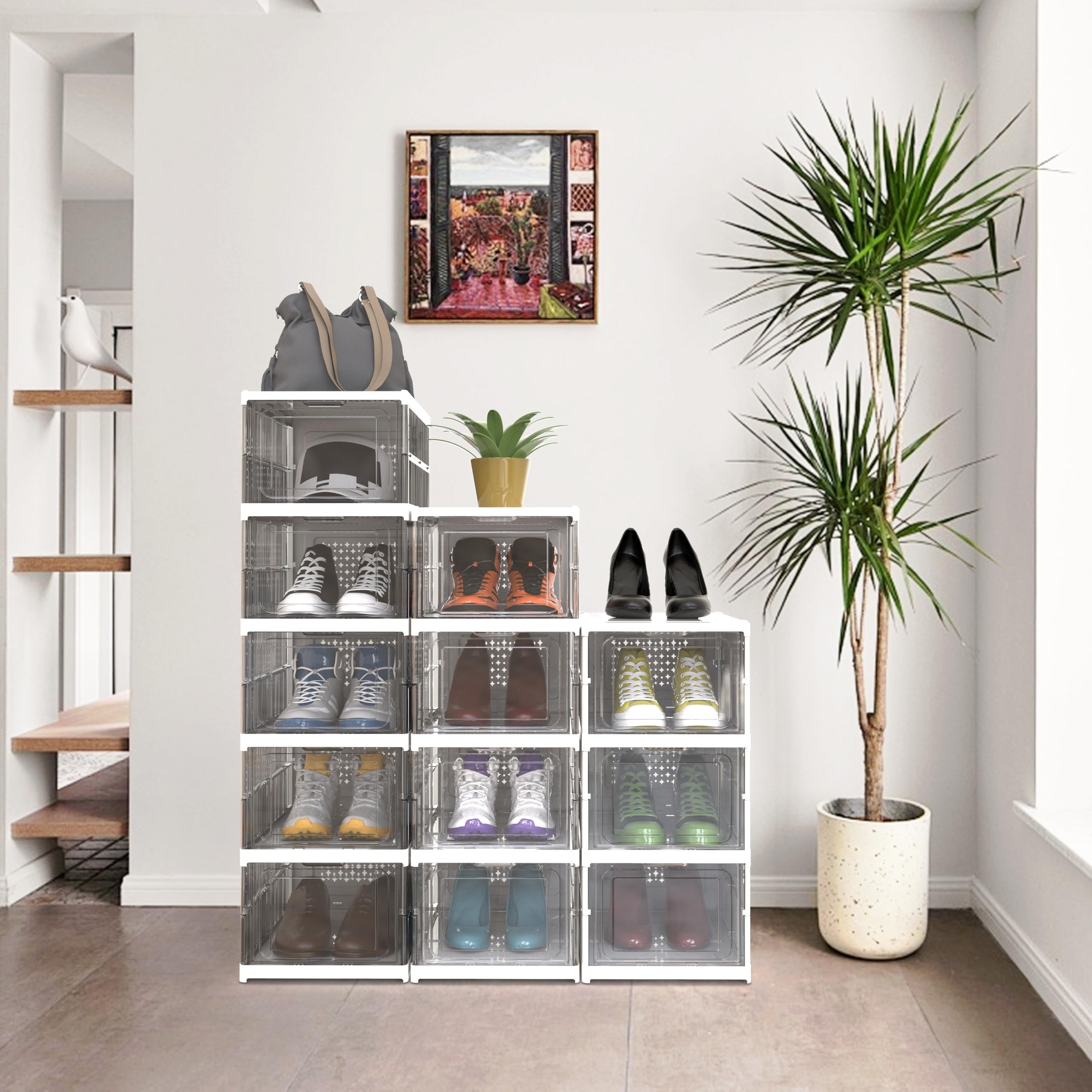 Confezione da 6 scatole per scarpe, scatola per scarpe integrata, non richiede montaggio, impilabili, robuste, pieghevoli, organizer trasparente per scarpe e organizer (bianco)