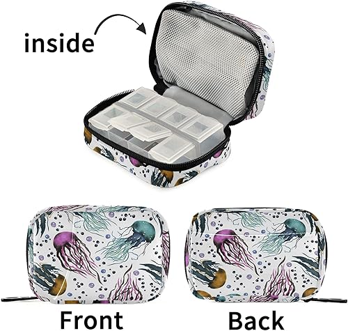 Miniatura 7 de Naanle Pastillero de medusas de acuarela con pastillero de 7 días, bolsa organizadora de pastillas de viaje con cremallera, estuche semanal