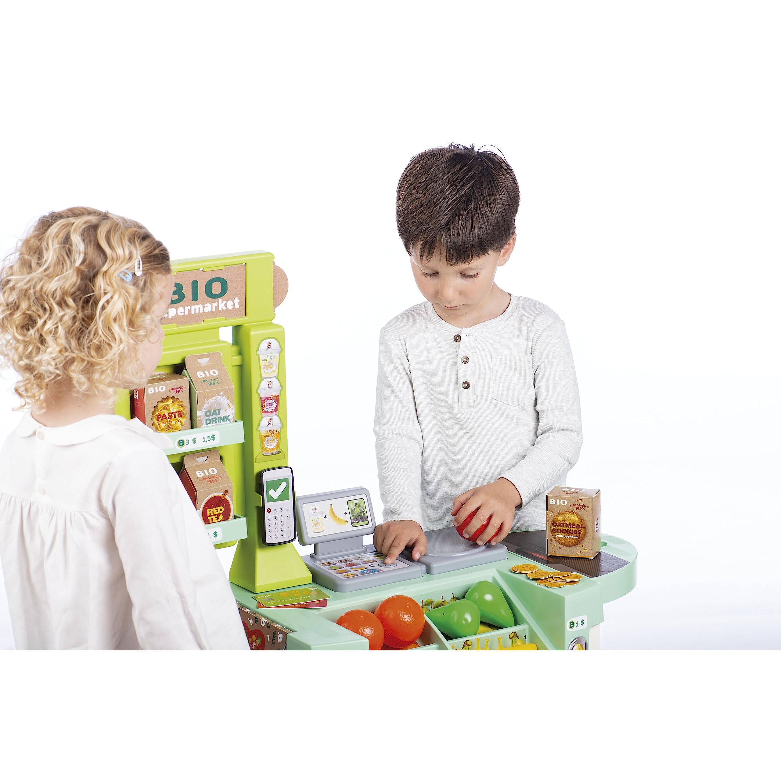 Chicos - Bio Supermarket Tienda de Juguete con Sonidos y 20 Accesorios: Fruta, Verdura, Tarjetas de Crédito para Pagar, un Datáfono y 47 Monedas, para Niños y Niñas A Partir de 3 Años (84110)