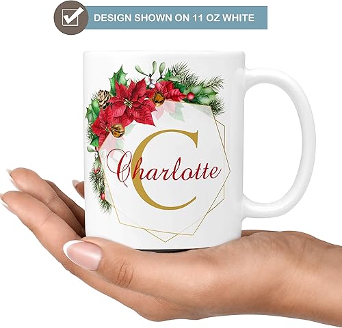 The Foxy Mug Personalized Poinsettia Coffee Mug Christmas Wreath Customized Monogram Initial Name Microwave Dishwasher Safe Ceramic Cup