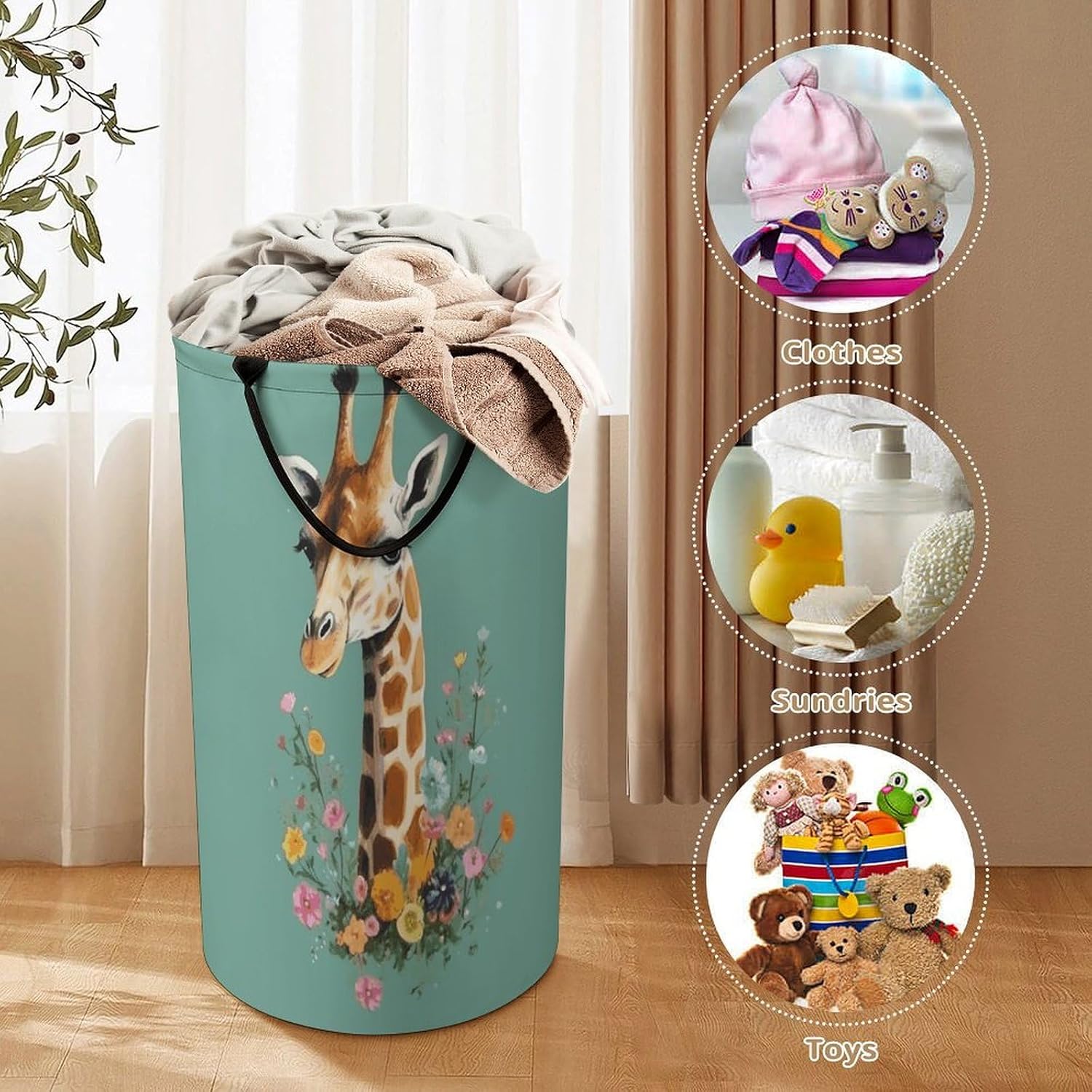 Giraffe with Flowers Laundry Basket Dirty Clothes Bin, Waterproof Laundry Hamper, Laundry Bag, Clothes Hamper Stands for Bedroom, Towels,Clothings image 3