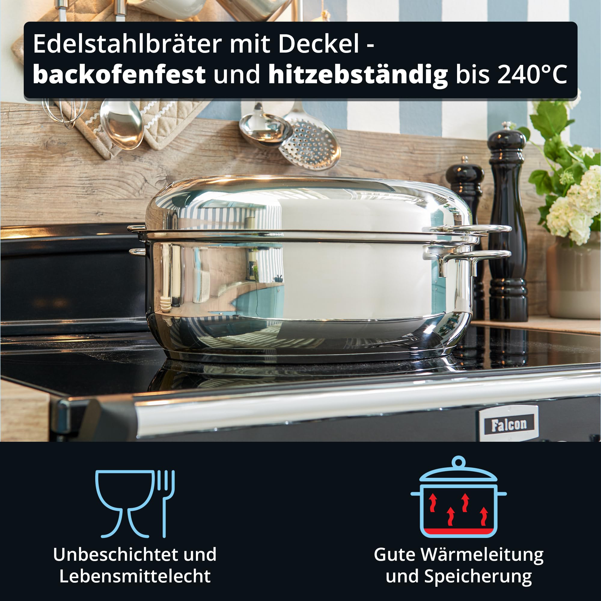 KHG Bräter mit Deckel Induktion 38x26x18 cm | Edelstahl, 7,7 l Volumen | 2in1 Deckel als Pfanne nutzbar | ideal für große Festtagsbraten | spülmaschinengeeignet, backofenfest
