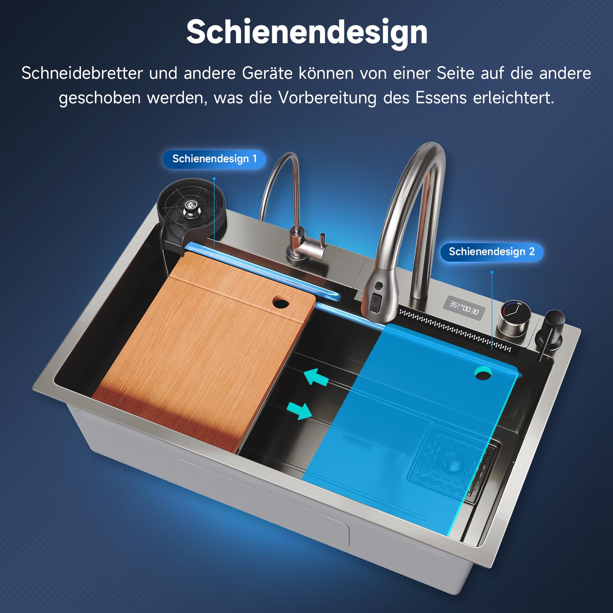 SONNI Küchenspüle 80x45x23cm mit Temperaturanzeige, Wasserfall, Schwarz | Edelstahl Spülbecken mit Wasserhahn, Wasserfilter, Gläserspüler, Abtropfwanne, Seifenspender, Schneidebrett, Ablaufset