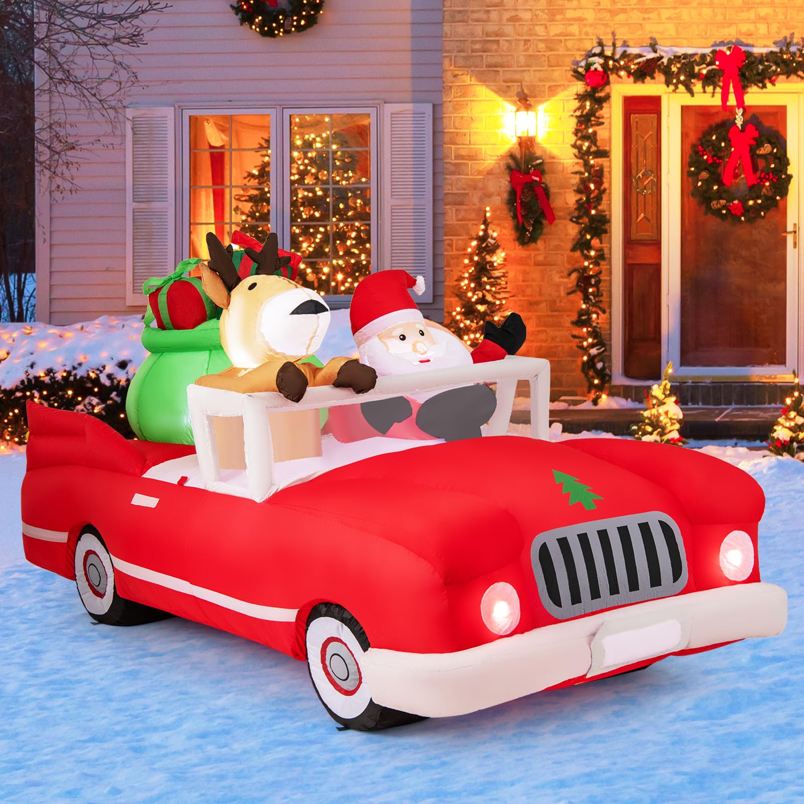 GOPLUS Décoration Noel Exterieur Interieur Gonflable 2,35 m Long, Père Noël Gonflable Lumineux et Renne Noel Conduit Voiture Rouge avec Cadeaux, Décoration Noël Inflable