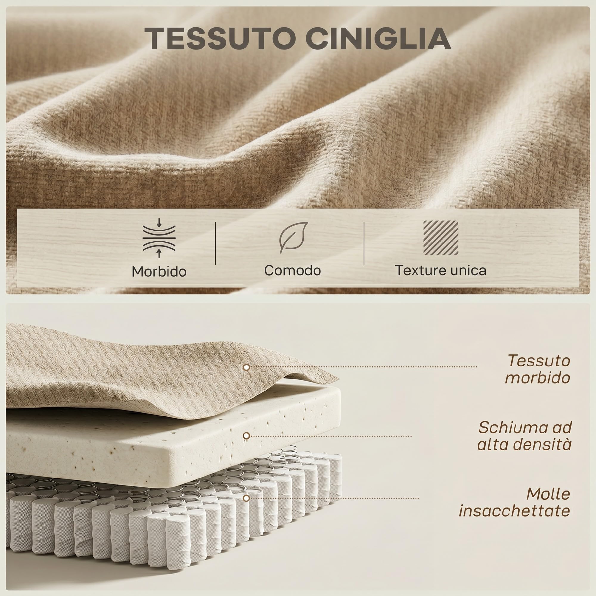 HOMCOM Divano 3 Posti Modulare 260 cm Seduta Ampia Senza Struttura Crema | Imbottitura Spessa, 3 Cuscini, Sofà Compresso Moderno, Ciniglia, Soggiorno, Salotto