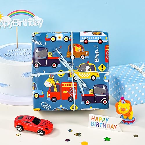 Vista 479 de WRAPAHOLIC Papel de regalo reversible, mini rollo, 17 pulgadas x 33 pies, adorable diseño de gato y azul sólido para cumpleaños, vacaciones