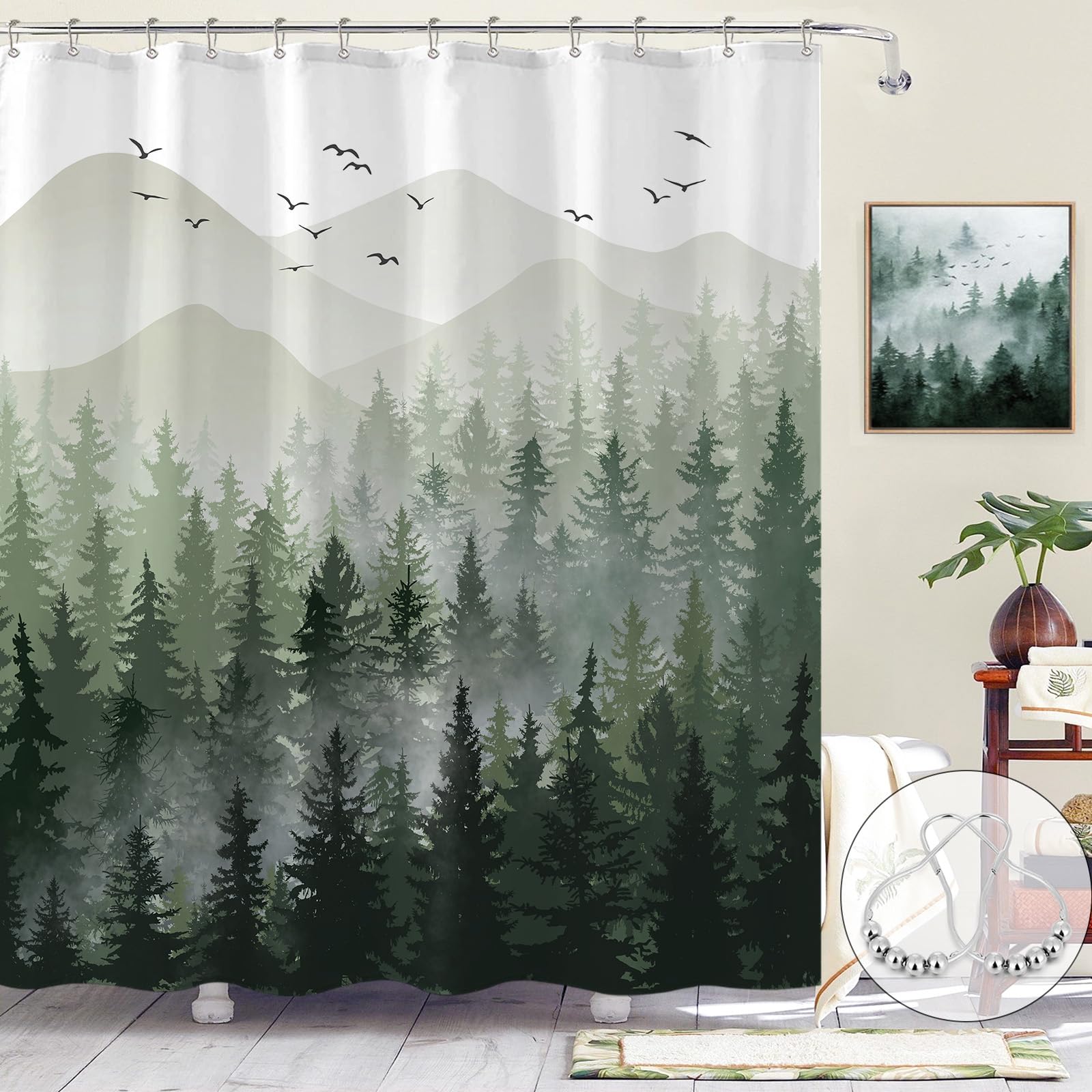 AccniccGreen Misty Forest Shower Curtain Ombre Sage Green White Waterproof Fabric Shower Curtains for Bathroom Nature Pine Tree Mountain Woodland Decorative Bath Curtain Decor (72'' × 72'')