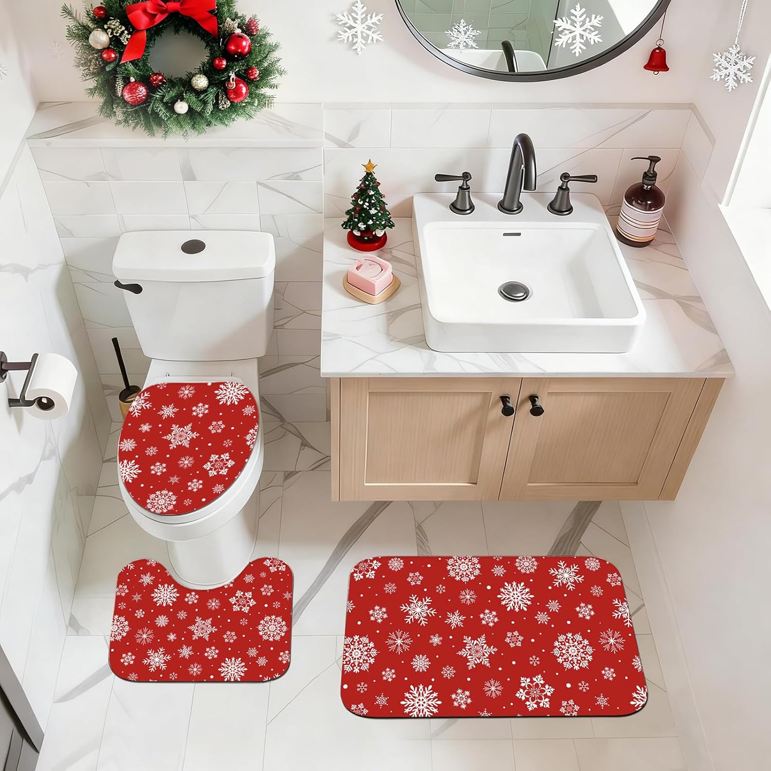 Mocsicka Christmas Snowflake Shower Curtain Set for Bathroom, 4Pcs Winter Snowflake Bathroom Sets with Non Slip Rugs, Toilet Lid Cover, Bath Mat, Shower Curtain, Bathroom Decor with 12 Hooks (Red)