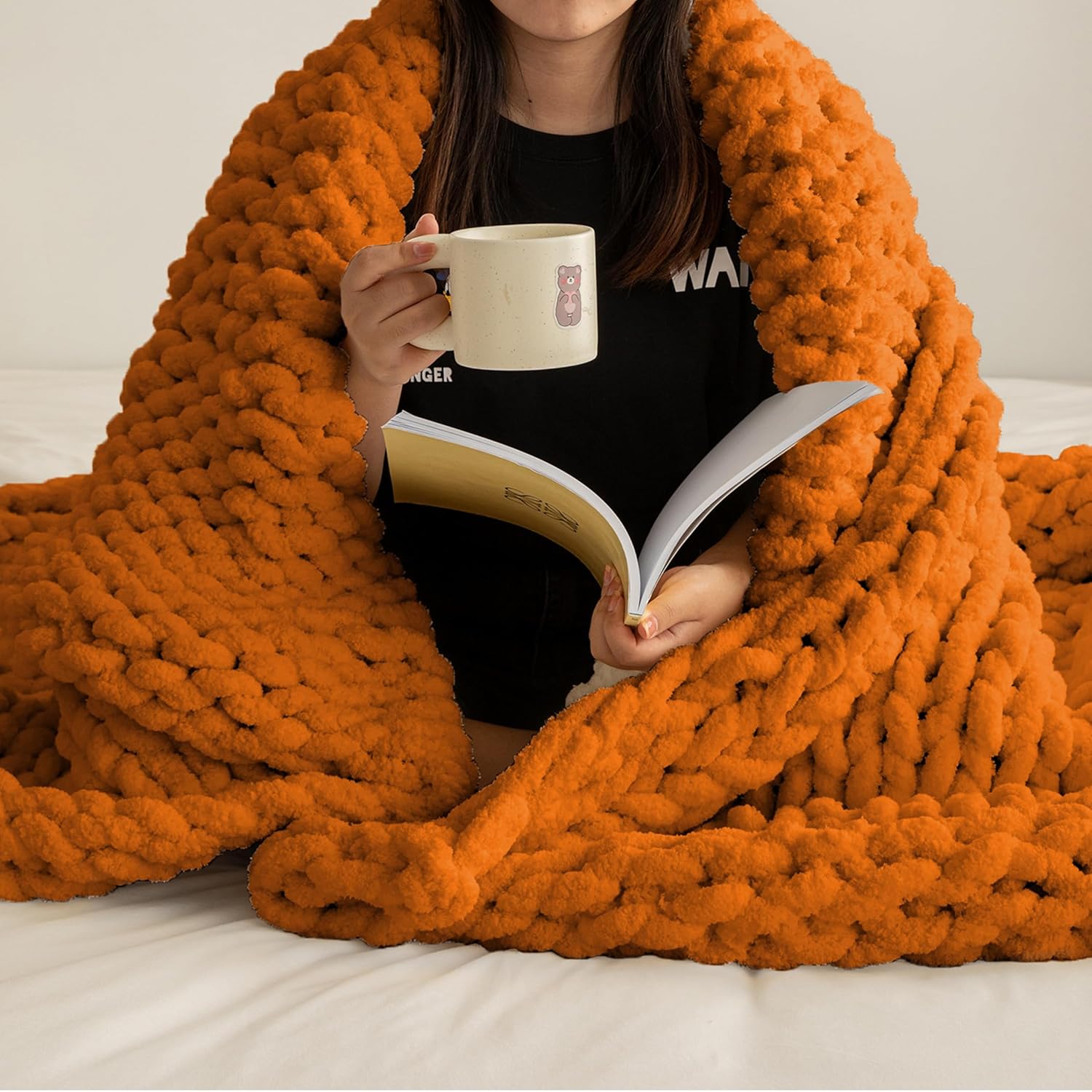 ATMOSURELY Ultra Soft Burnt Orange Chunky Knit Throw Blanket Cozy Fluffy Chenille Yarn Handmade Cable Knit Crochet Blanket for Bed Sofa Couch 50x60 Inches (Burnt Orange, 50"x60")