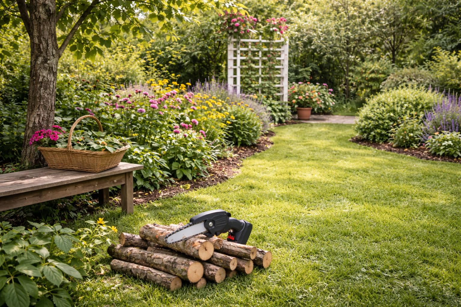 Mini Motosega a Batteria 4 Pollici per Potatura, Motosega Elettrica Portatile Compatta, Sega a Catena Manuale per Rami e Giardino, Leggera e Facile da Usare