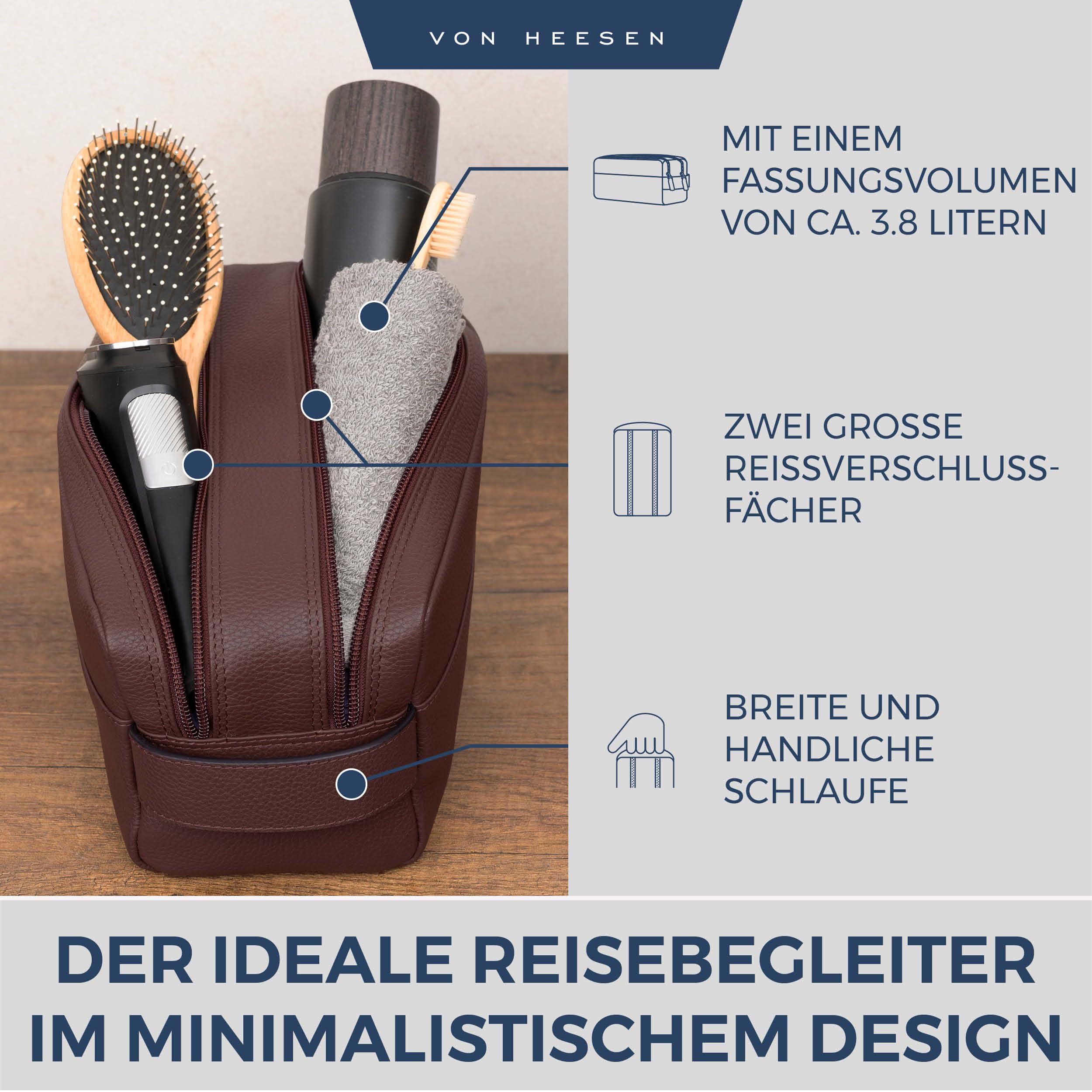 VON HEESEN Kulturbeutel Leder Kulturtasche für Herren & Damen - Echtleder Necessaire ideal zum Reisen - Waschtasche und Kosmetiktasche mit Zwei Hauptfächern braun, groß