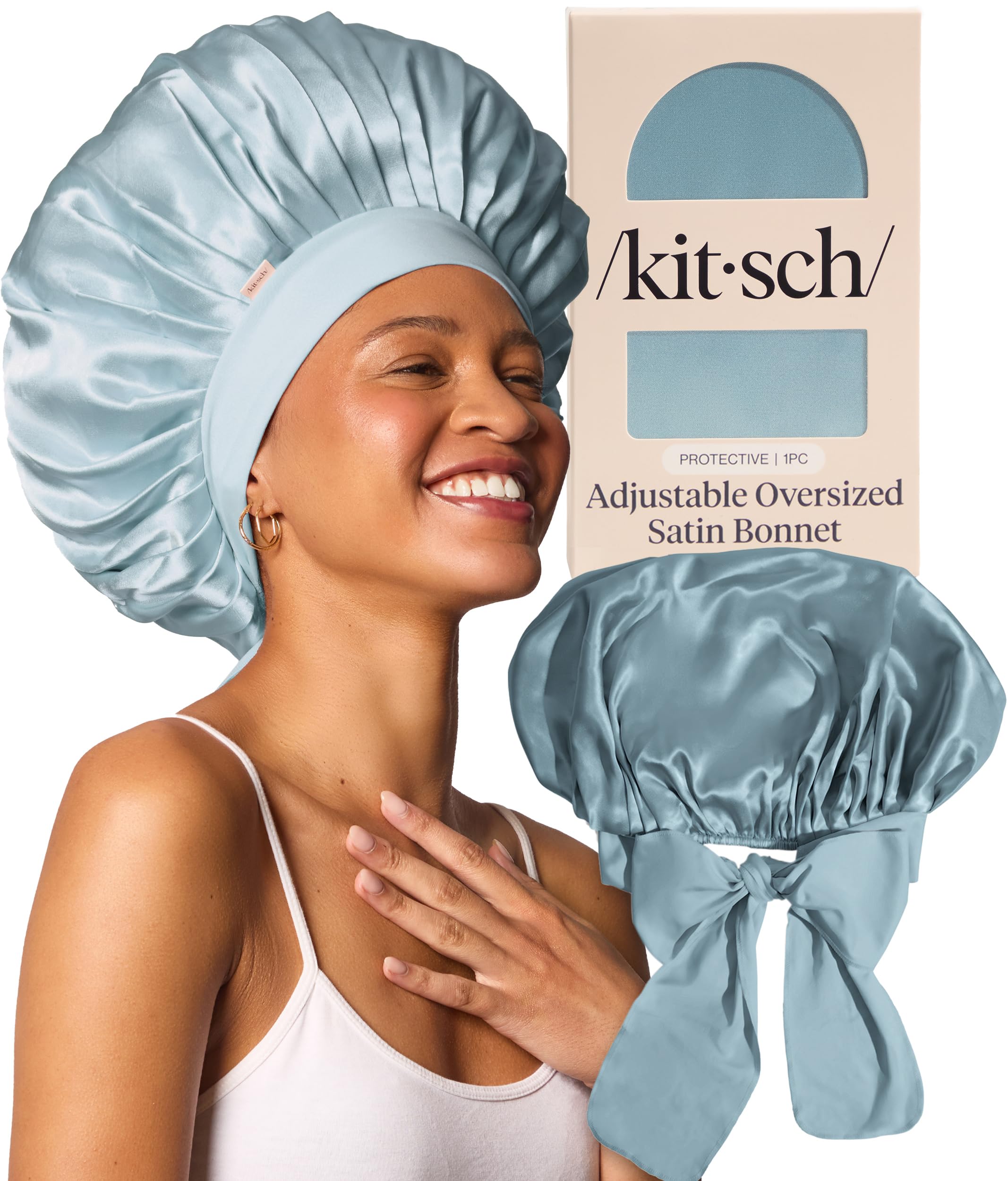Kitsch XL Satin Haarhaube zum Schlafen – Weicher als Seide | Bonnet Satin für Damen | Schlafhaube für Lockiges Haar – Verhindert Haarbruch & Frizz – Dunst Blau