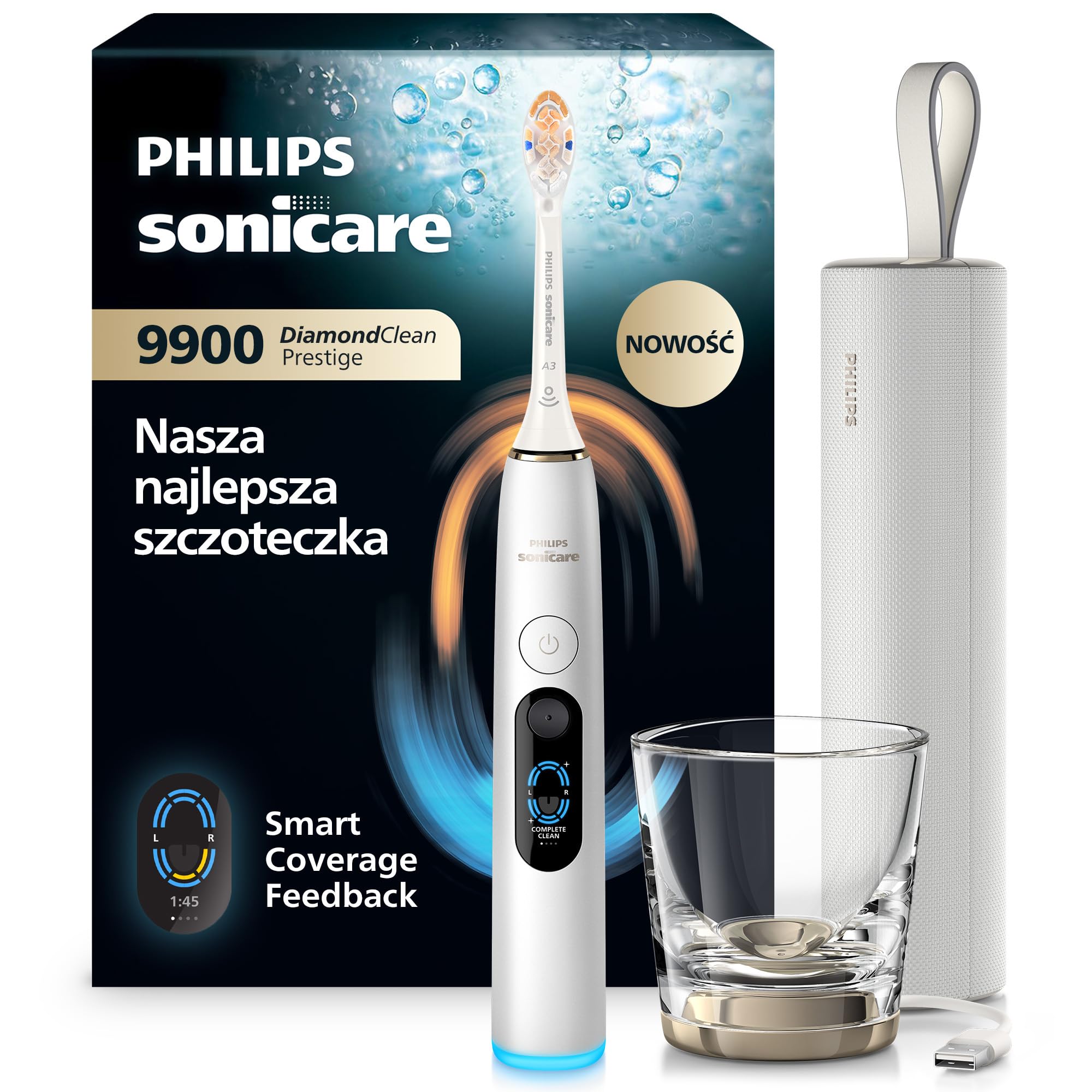 Philips Sonicare: szczoteczka elektryczna nowej generacji DiamondClean 9900 Prestige – z SenseIQ, Smart Coverage Feedback i Smart Pressure Feedback, 24 ustawienia, kolor: Silver White, HX9813/91