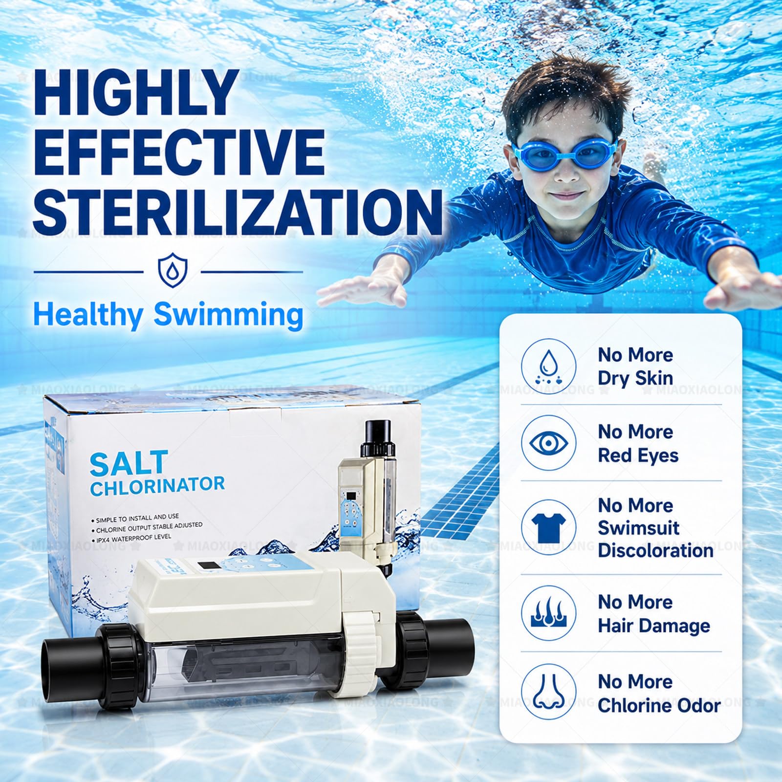 MIAOXIAOLONG Électrolyseur Au Sel pour Piscines, Chlorateur pour Piscines, Chlorateur À Nettoyage Automatique 8 G/H 12 G/H, 16 G/H, 20 G/H EC16(12g/H≤68m³)