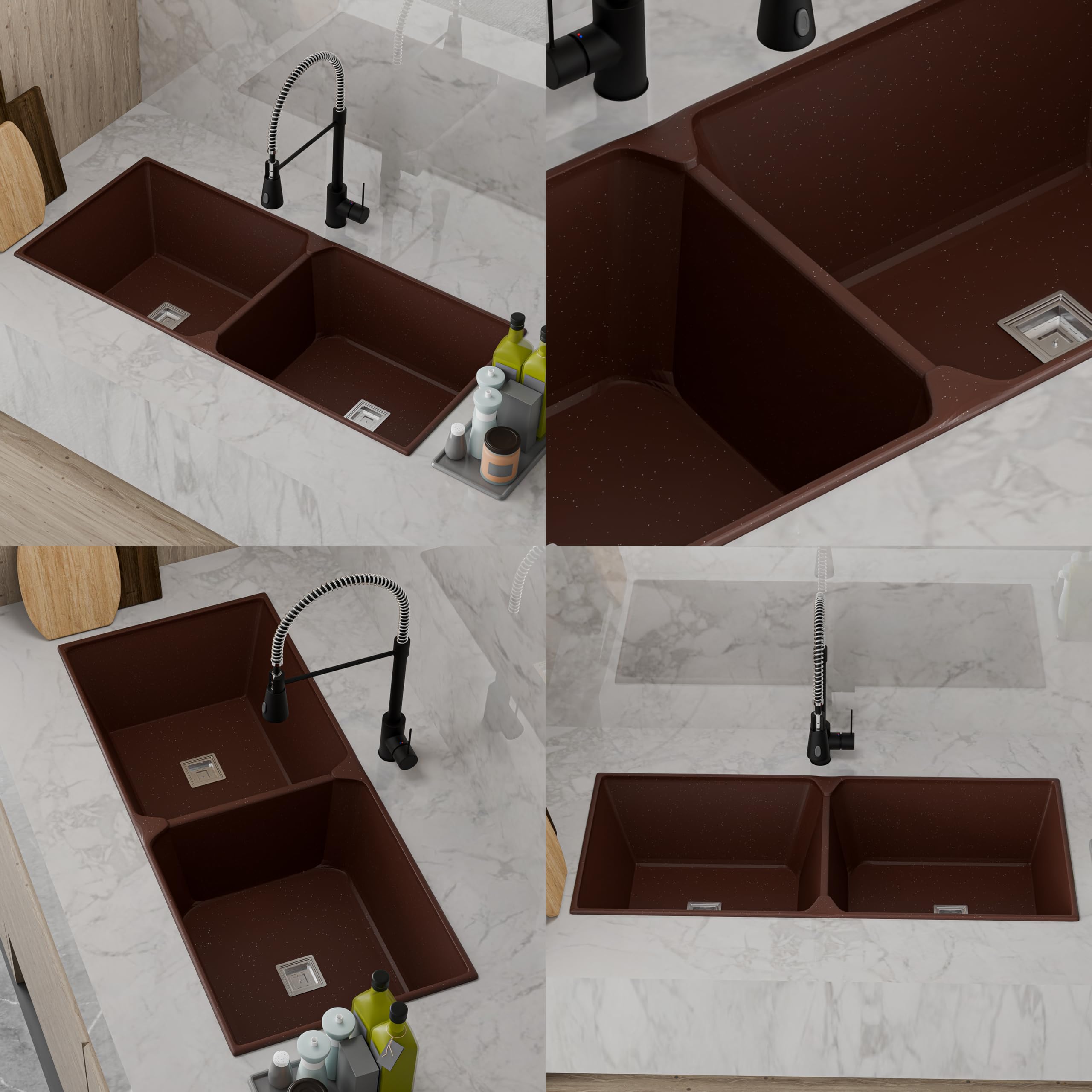HISRE Double Bowl Quartz Kitchen Sink 45x20x9 Inches | Spacious Deep Basin, Durable Scratch-Resistant, Noise-Reducing, Easy-to-Clean Sink for Modern Kitchens | Brown, photo 4 of 5
