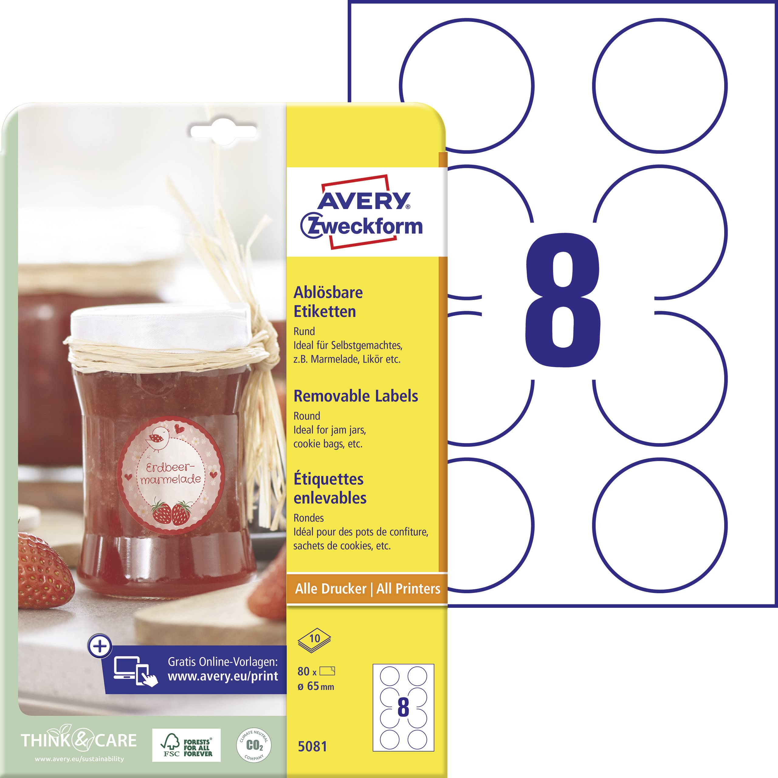 AVERY Zweckform Marmeladenetiketten Ø65mm – 80 selbstklebende Etiketten, 10 Blatt