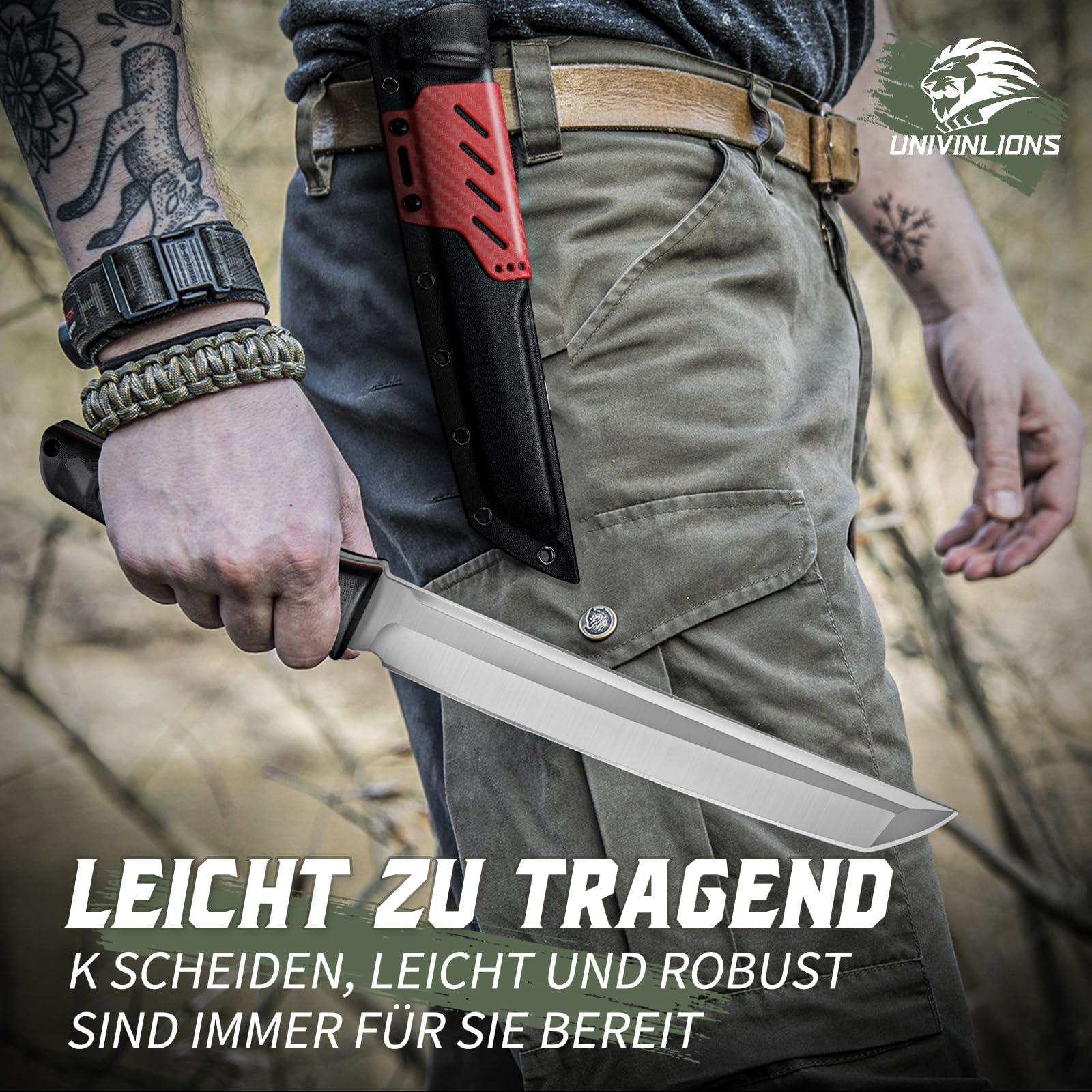 Outdoor Messer Scharfes Tanto Bushcraft Messer Großes Machete Jagdmesser Feststehende Klinge mit Kydexscheide Survival Messer für Männer Camping
