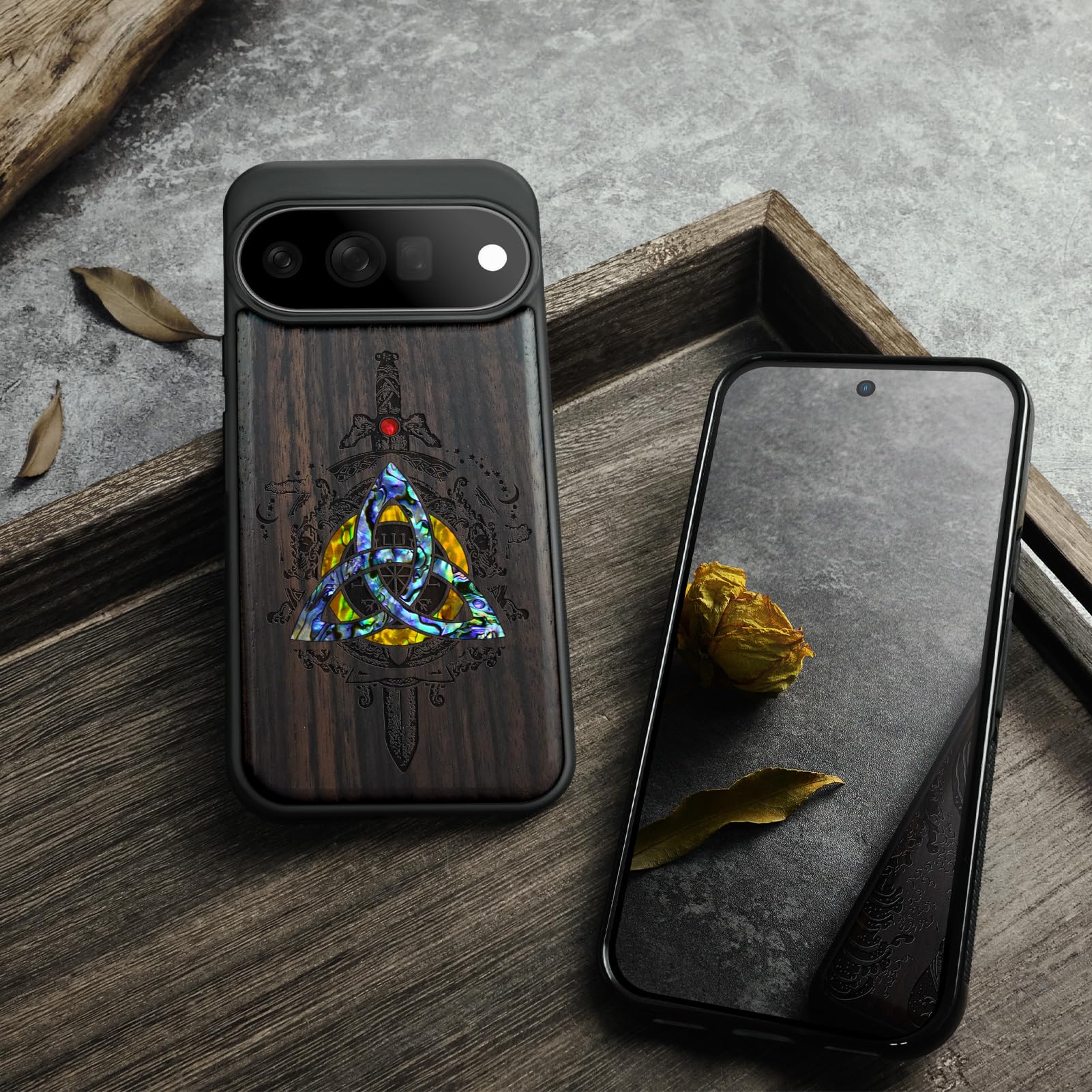 Carveit Madera Funda para Pixel 11 Pro XL (Oscura-Emblemas nórdicos) | Compatible con MagSafe [Grabado en madera e incrustación de mejillones] Magnética Cover para Google Pixel 11 Pro XL Carcasa