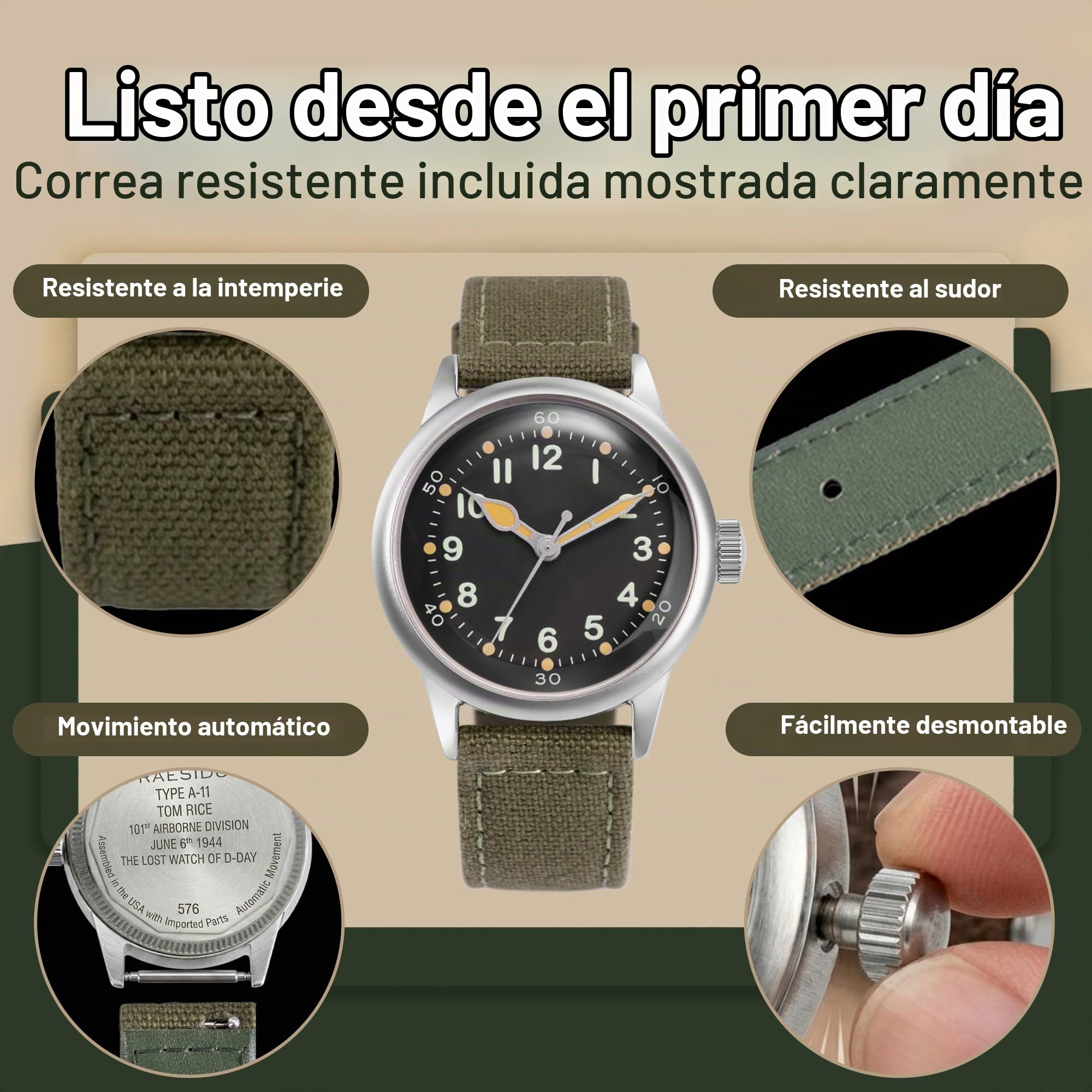 PRAESIDUS | Reloj de Servicio A-11 (Edición Tom Rice) - Relojes para Hombres - A11 Militar - Vidrio acrílico, caraguilla Negra de 38mm y Correa de Lona Verde - Montado en EE.UU., WW2