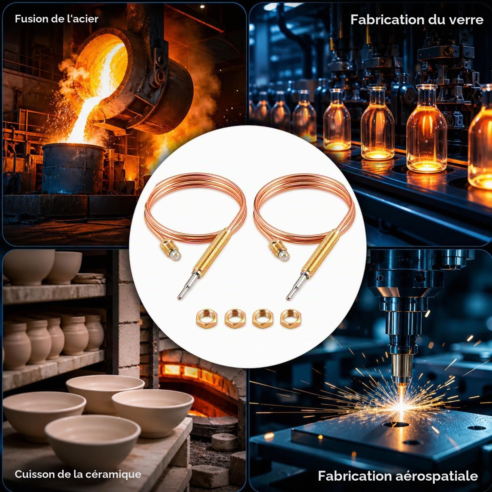 Thermocouple à Gaz Universel M8, Sonde de Chauffage pour Brûleur à Gaz, 600mm, Pièces de Rechange pour Chauffage Extérieur, Écrous de Connexion, Accessoires pour Cheminée et Barbecue (2 pièces)