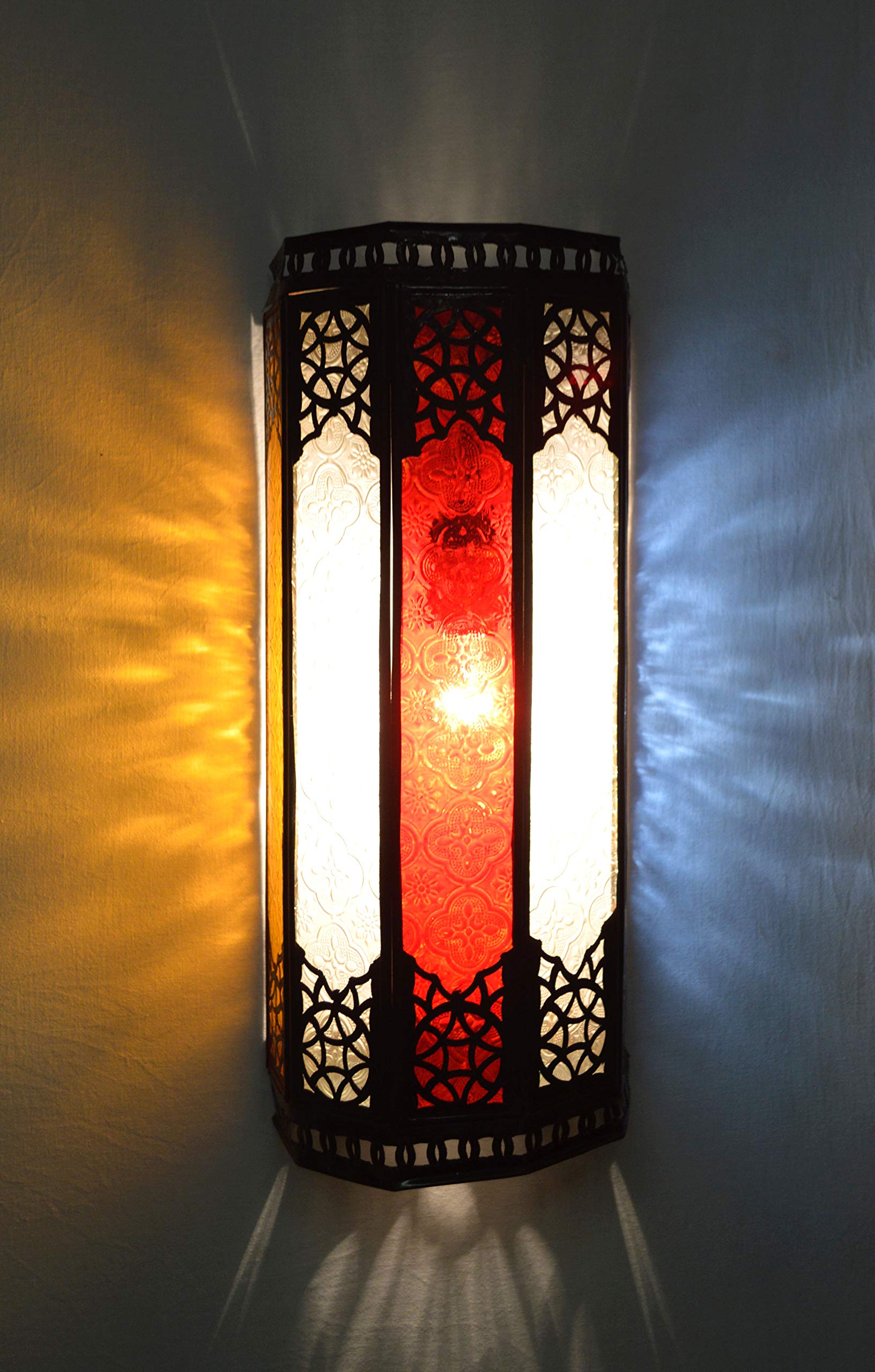 Maison Andaluz Multicoloured Glass Hectagonal Moroccan Wall Lampshade - In Fret Work Metal- H32 W20 D16 Cm