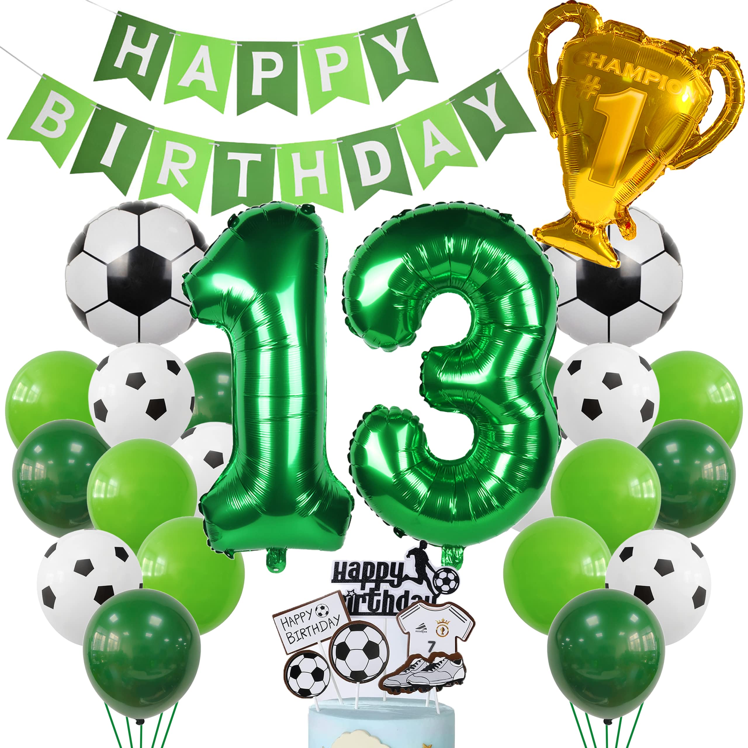 Football Balloon 13th Birthday Green Helium Balloon 13th Birthday Boy Cake Topper Football Birthday Decoration 13 Years Children's Birthday Party Decoration 13th Birthday Decoration Football Cake Deco