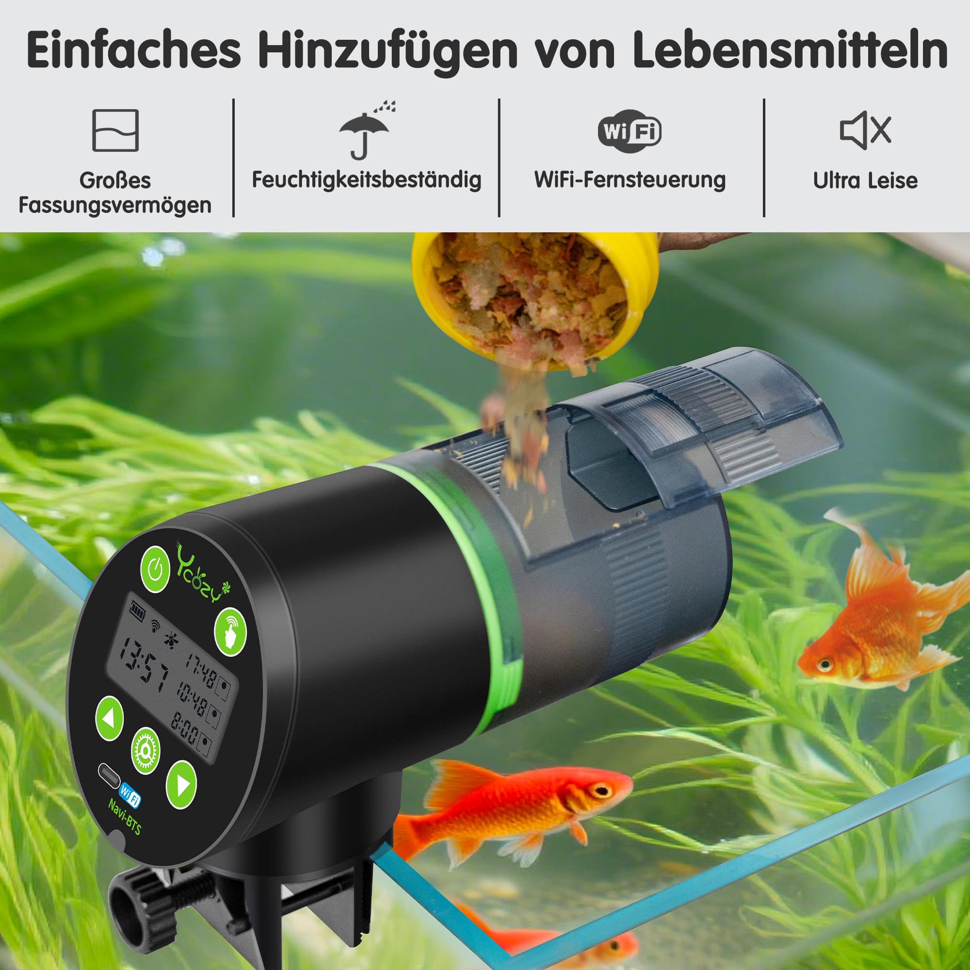 Ycozy WiFi Fischfutter Automat Aquarium, Futterautomat Netzteil mit Stecker & USB-C Kabel Fischfutterspender WLAN Gesteuerter mit APP Automatischer Fischfutterautomat für Aquarium Navi-BTS