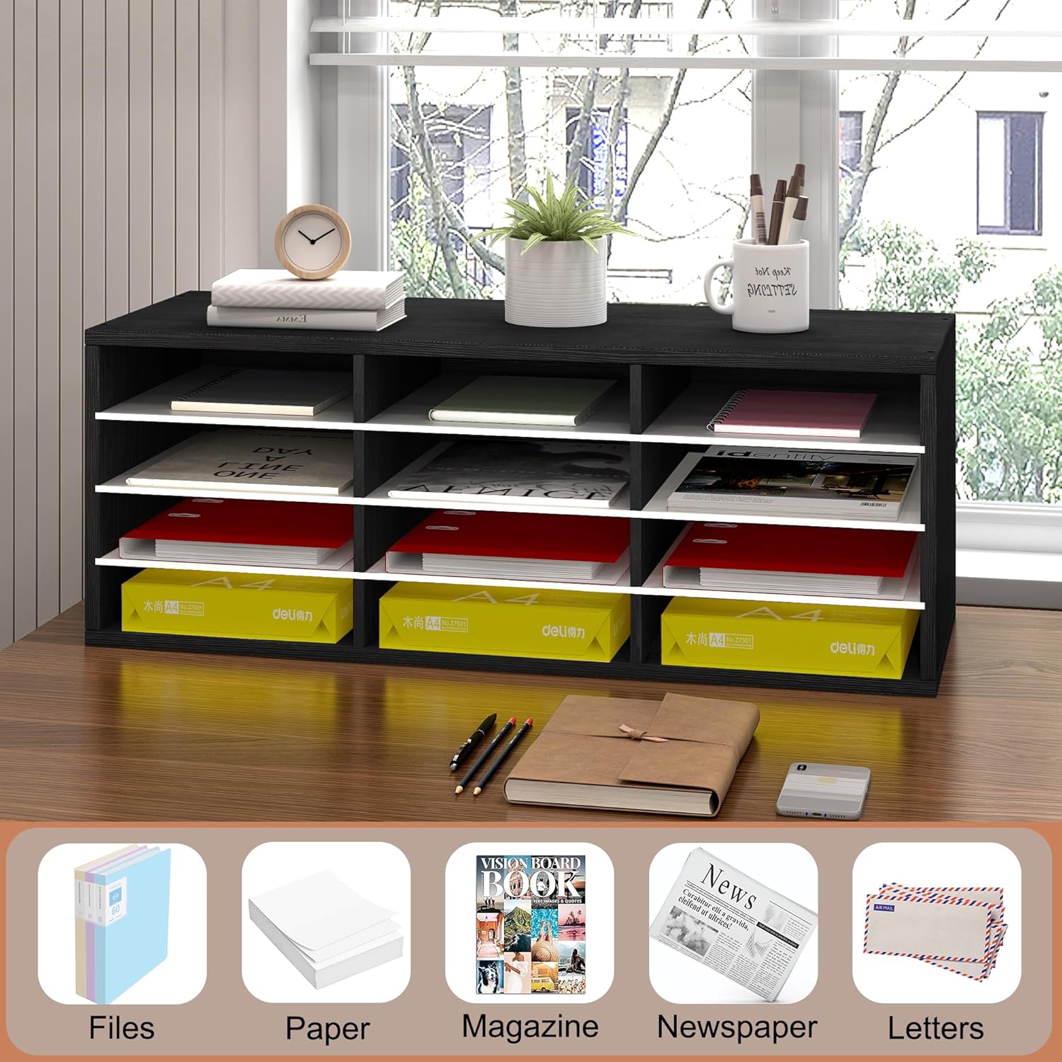 Wood Paper Storage Organizer for Desk, 12 Compartments Wooden File Sorter with Adjustable Shelves, Mail Sorter Organizer Countertop for Office, Home, Classroom，Black and White