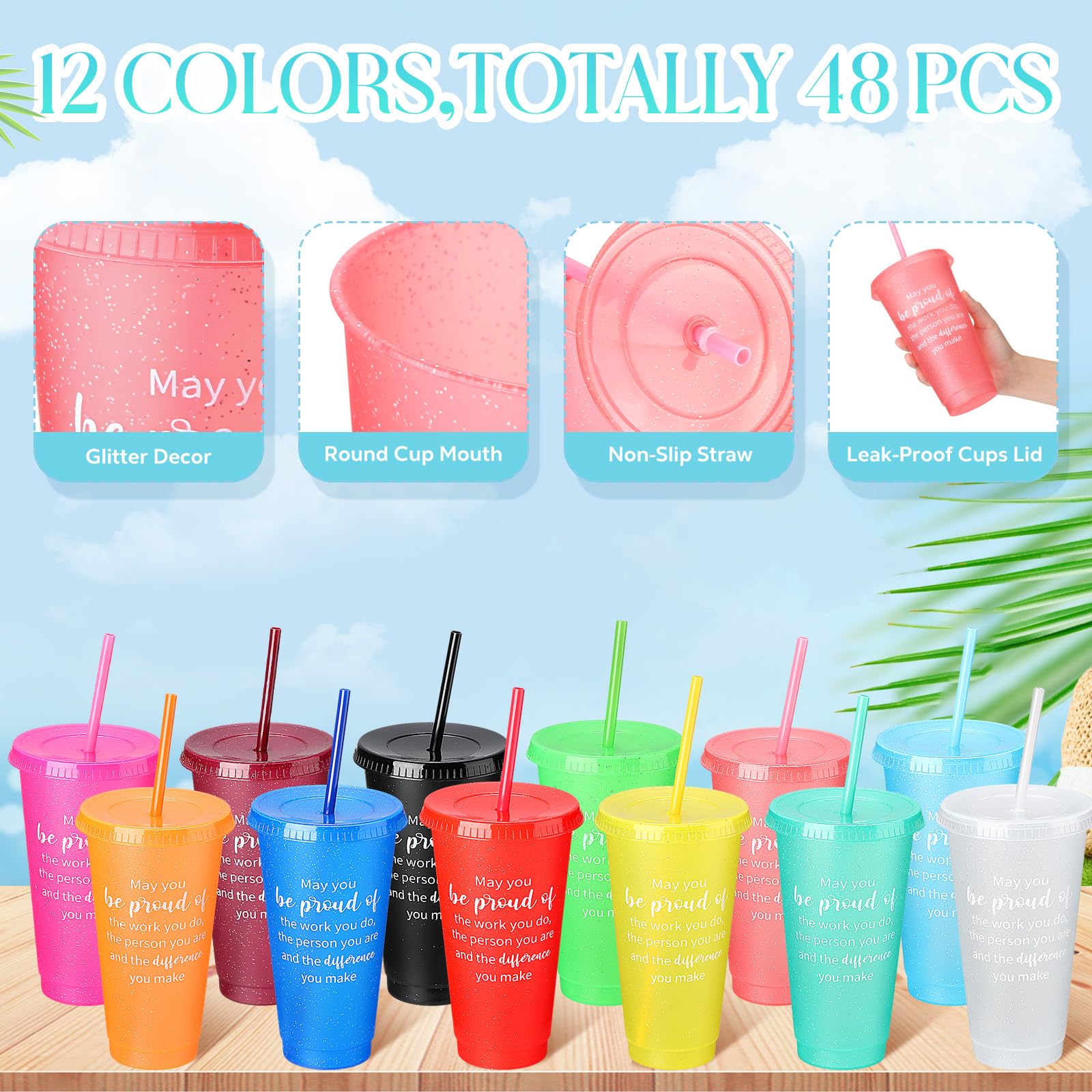 Dandat 48 bicchieri colorati da 680 ml, con coperchio, cannuccia glitterata, in plastica, riutilizzabili, per bevande ghiacciate e fredde, estive, spiaggia, feste, colore neon