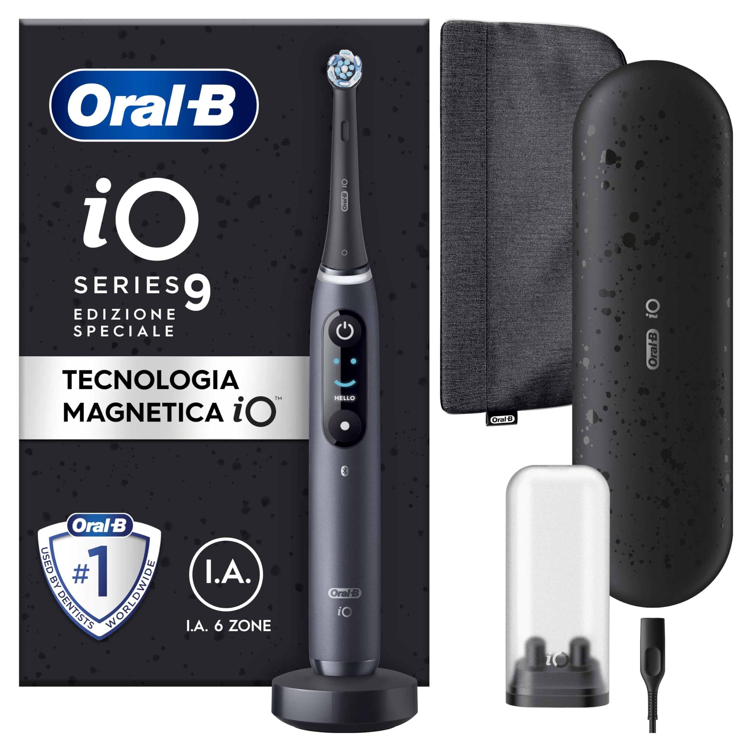 Oral-B iO 9 Cepillo De Dientes Eléctrico Negro, 3 Cabezales, 1 Estuche Cargador De Viaje, 7 Modos De Cepillado, Sensor De Presión, Edición Especial, Diseñado Por Braun