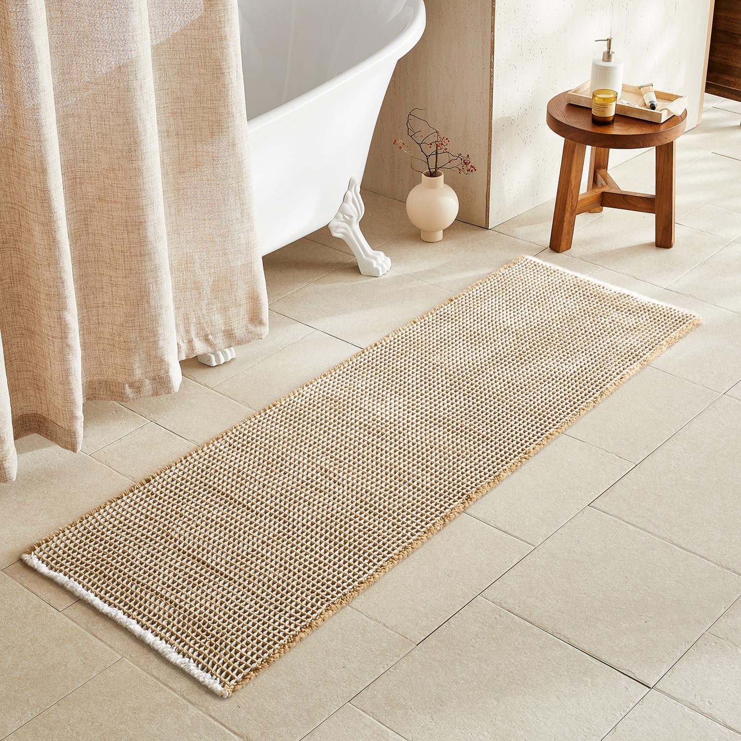 TYUU Waffle Runner Rug Bathroom, Long Boho Bathroom Rugs Non Slip Washable Super Absorbent Quick Dry Farmhouse Bath Decor, 72"x24" Khaki and White