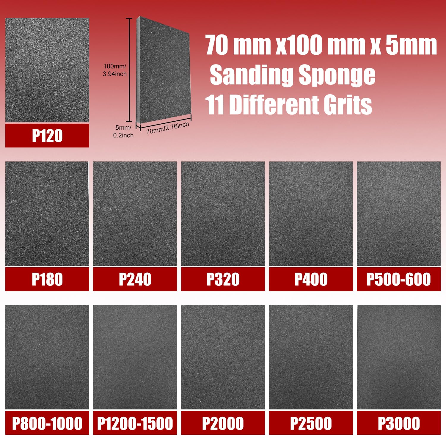 22 Pcs Grit Sanding Sponge Set,120-3000 Grit Flexible Foam Filled Sanding Pad,Wet And Dry Blocks Sandpapers Sheets for Wood & Metal,Railings,Furniture Polishing (2 Sizes,70 * 100 * 5mm,75 * 5.5mm) - Image 2
