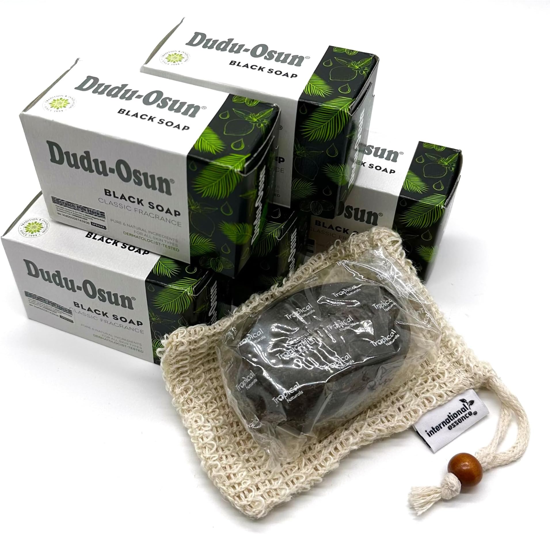 Dudu Osun 5-Pack Black Soap Bundled with Soap Pouch - Natural African Skincare Bar, Rejuvenating & Moisturizing Face, Body Wash (Classic Fragrance)
