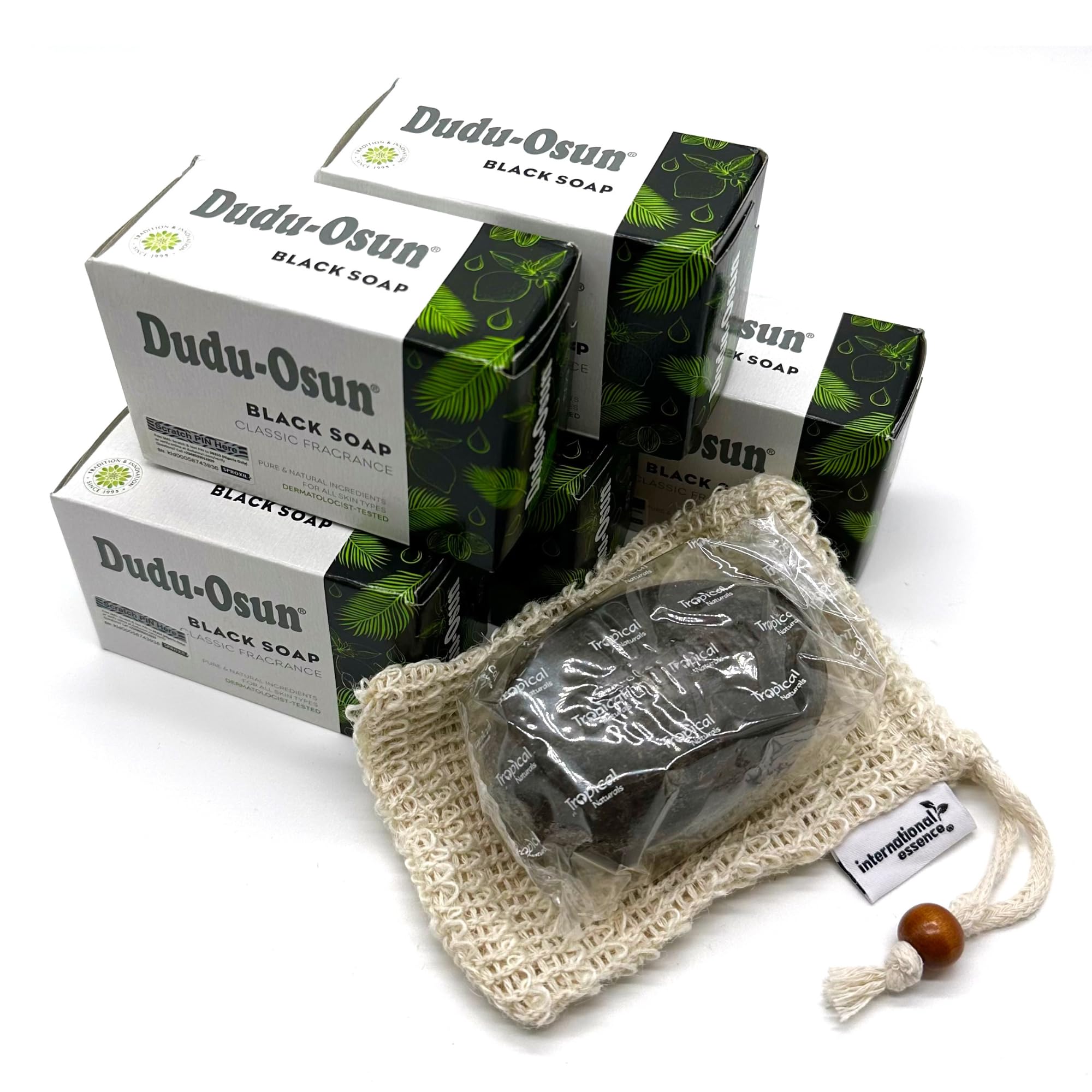 Dudu Osun 5-Pack Black Soap Bundled with Soap Pouch - Natural African Skincare Bar, Rejuvenating & Moisturizing Face, Body Wash (Classic Fragrance)