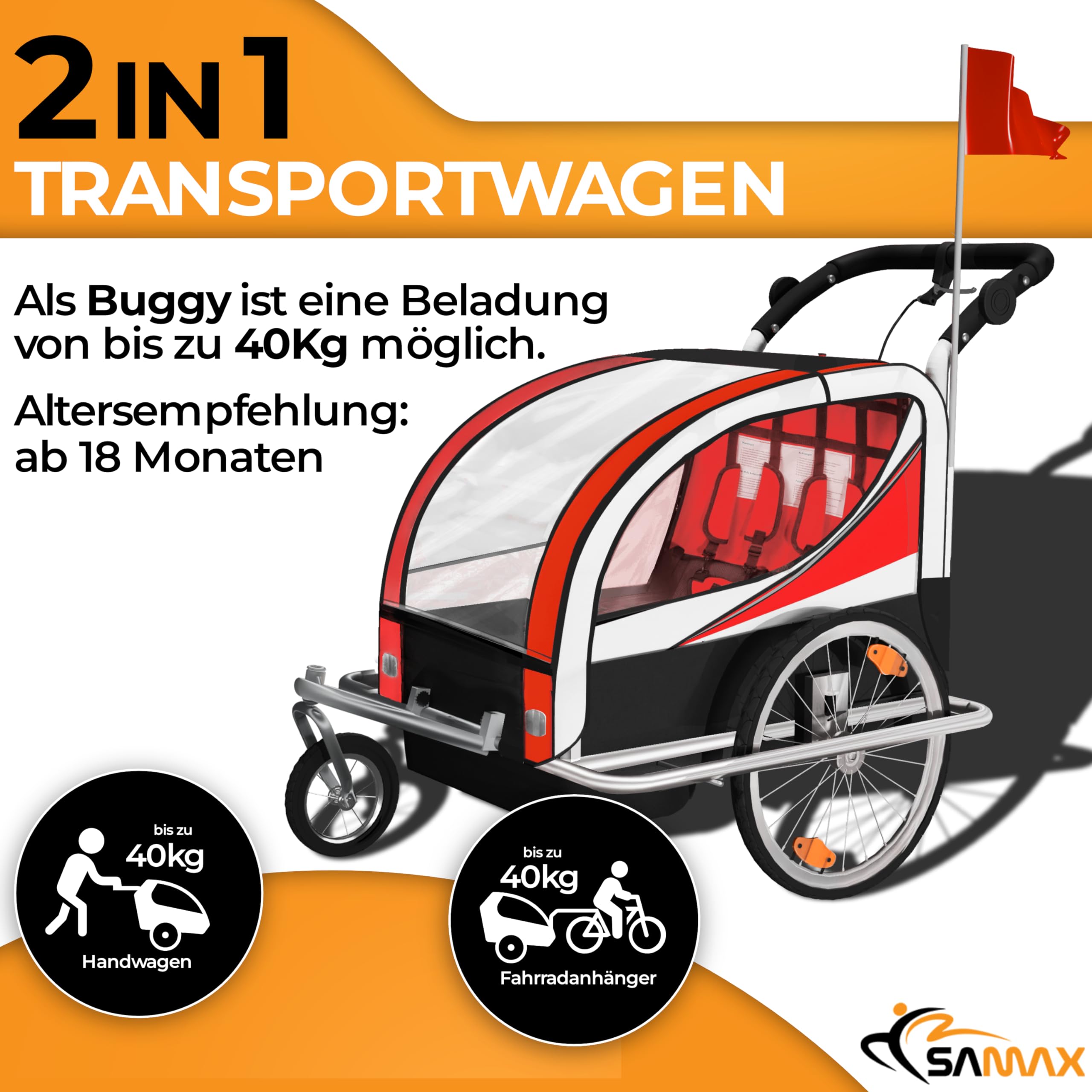SAMAX Remolque de Bicicleta para Niños 360° girable Kit de Footing Transportín Silla Cochecito Carro Suspensíon Infantil Carro en Rojo - Silver Frame