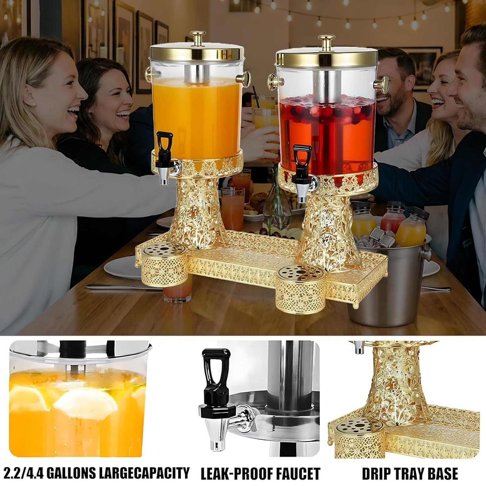 Distributeur de boissons de 8 L en acier inoxydable avec support pour jus, thé, soda et limonade, couvercle multifonction, idéal pour les rassemblements