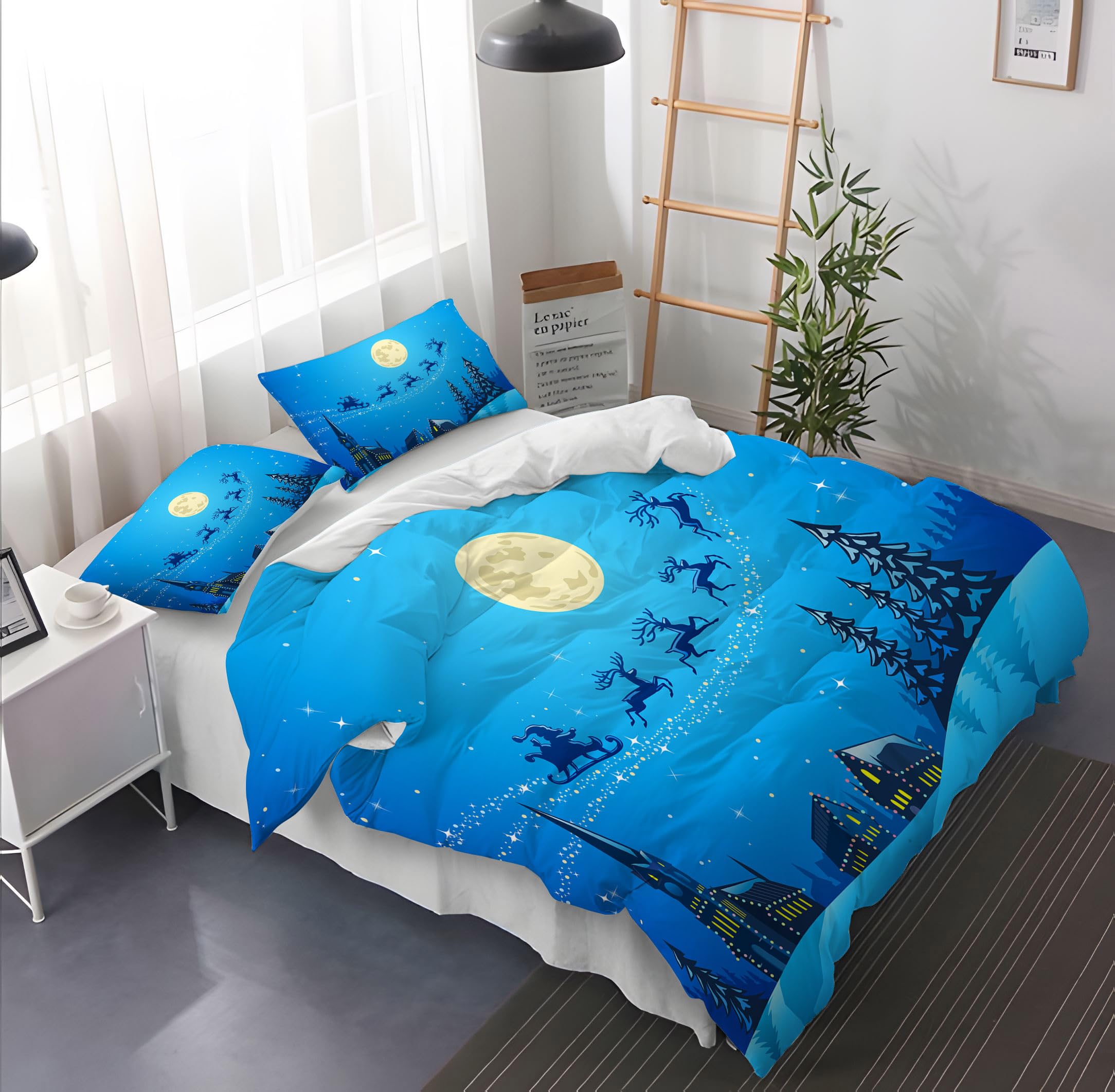 Poszewka na Kołdrę Boże narodzenie 240 x 220 cm Zestaw Pościeli Z nadrukiem Choinki Świętego Mikołaja Białe Płatki Śniegu Poszewka na Kołdrę dla Chłopców I Dziewcząt Świąteczne narzu