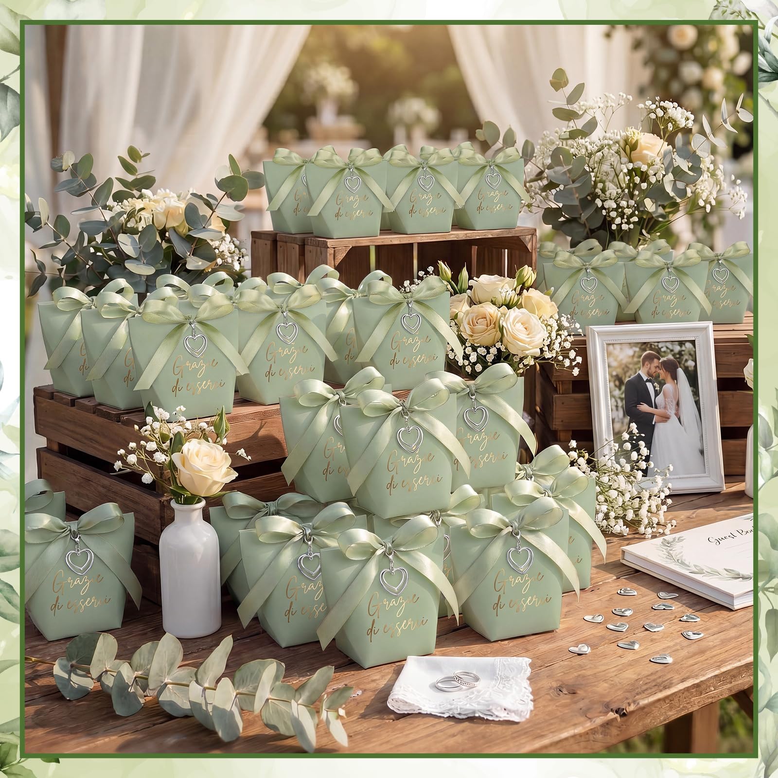 50 Set Scatoline Portaconfetti Matrimonio Bomboniere Comunione con Nastro Ciondolo Cuore Sacchetti Confetti Scatoline Regalo Battesimo Cresima Fidanzamento Nozze Compleanno Grazie(Verde Salvia)